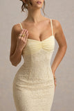 Felicia Pale Lemon Satin Sweetheart Maxi Dress With Lace Details