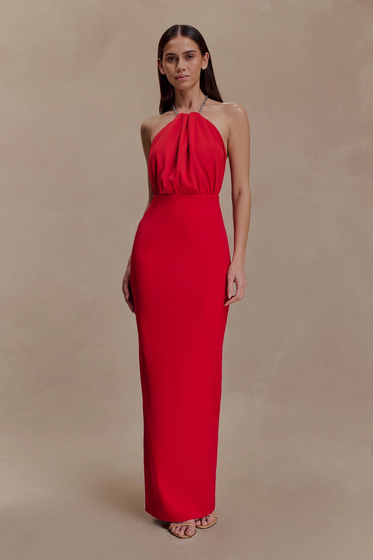 Elina Satin Necklace Maxi Dress Red