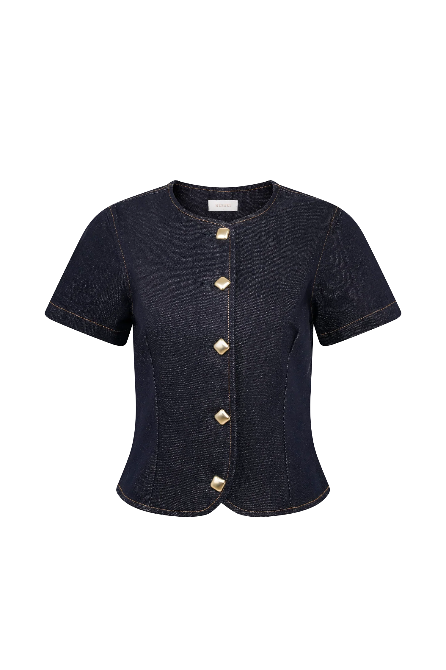 Bethany Short Sleeve Buttoned Denim Top Washed Indigo Blue