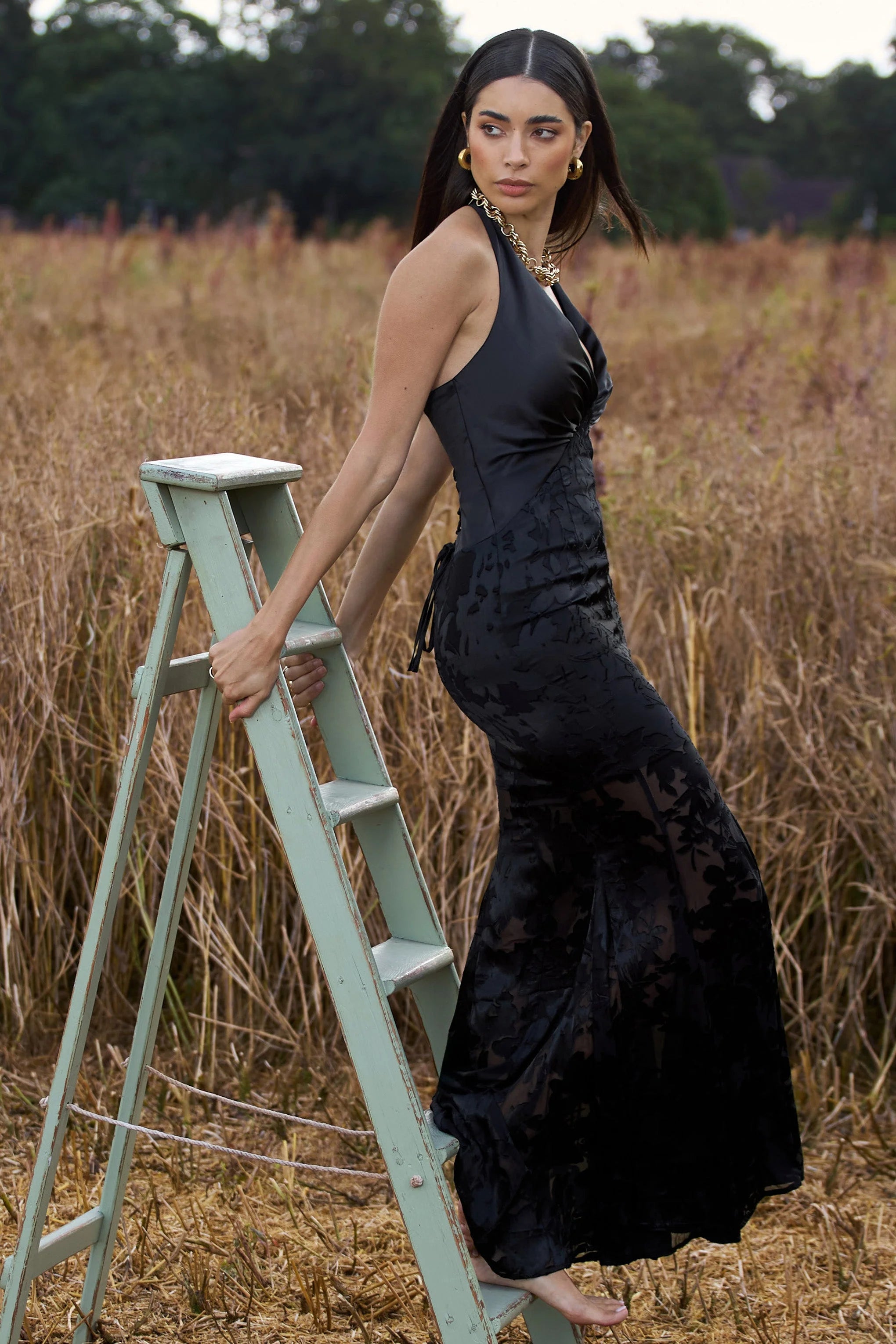 Sunset Tales Black Satin Devore Plunge Neck Maxi Dress