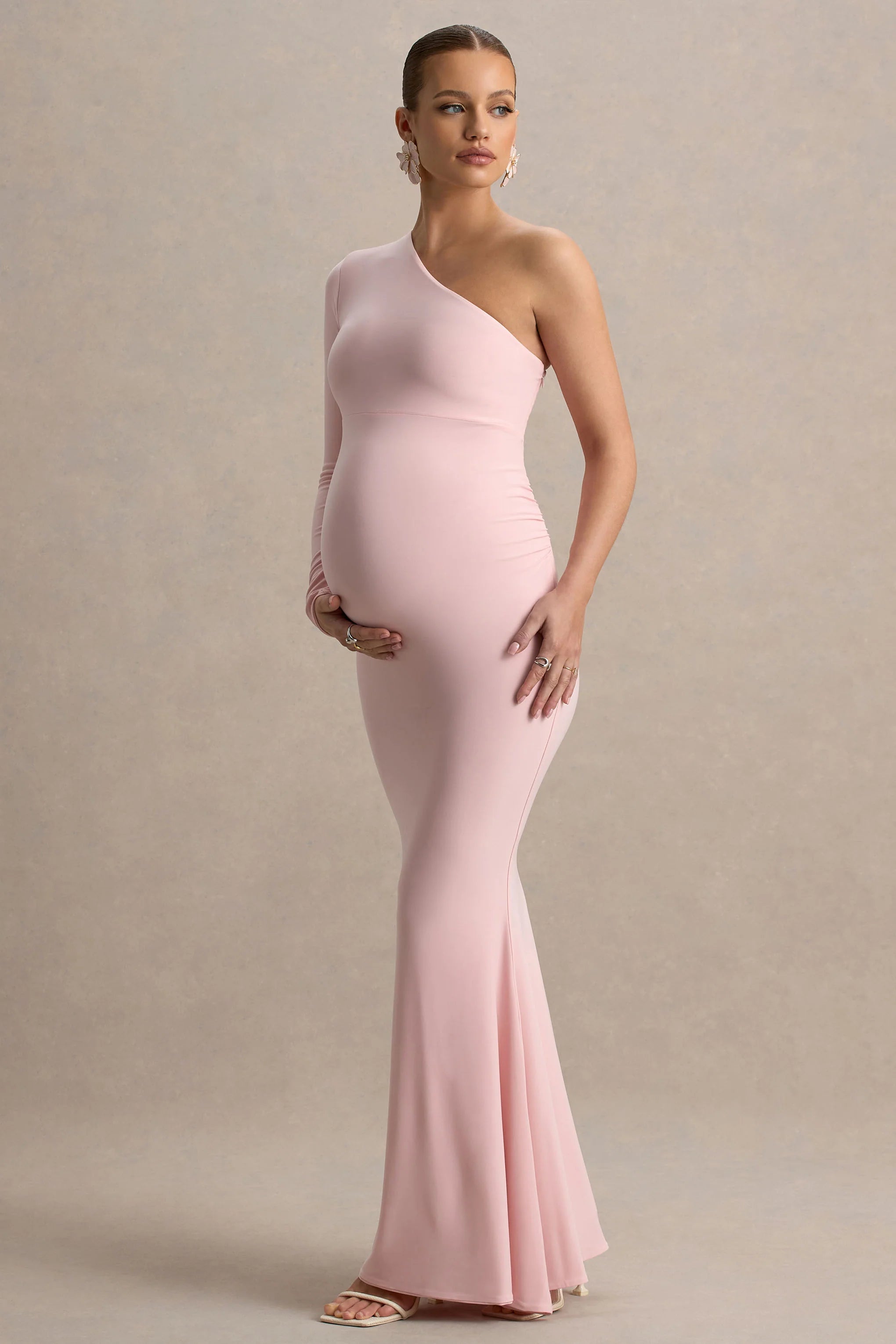 Heloise Pink Asymmetric One Sleeve Maternity Maxi Dress