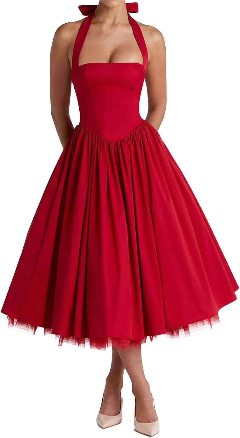 Women Halter Midi Dress Corset Back Layered Tulle Skirt A Line Formal Dresses Wedding Guest Bridal Shower