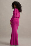 Deanna Hot Pink Asymmetric Long Sleeve Ruched Maxi Dress