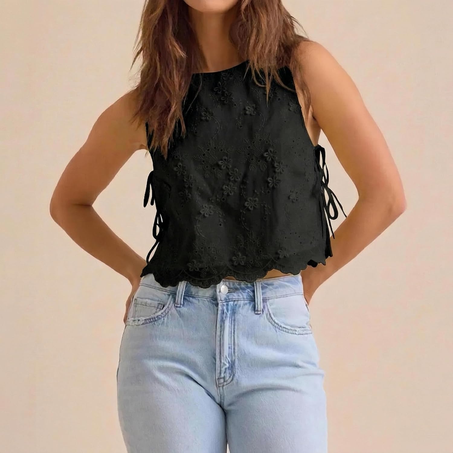 Women Eyelet Embroidered Tank Top Sleeveless Side Tie Summer Going Out Crop Top