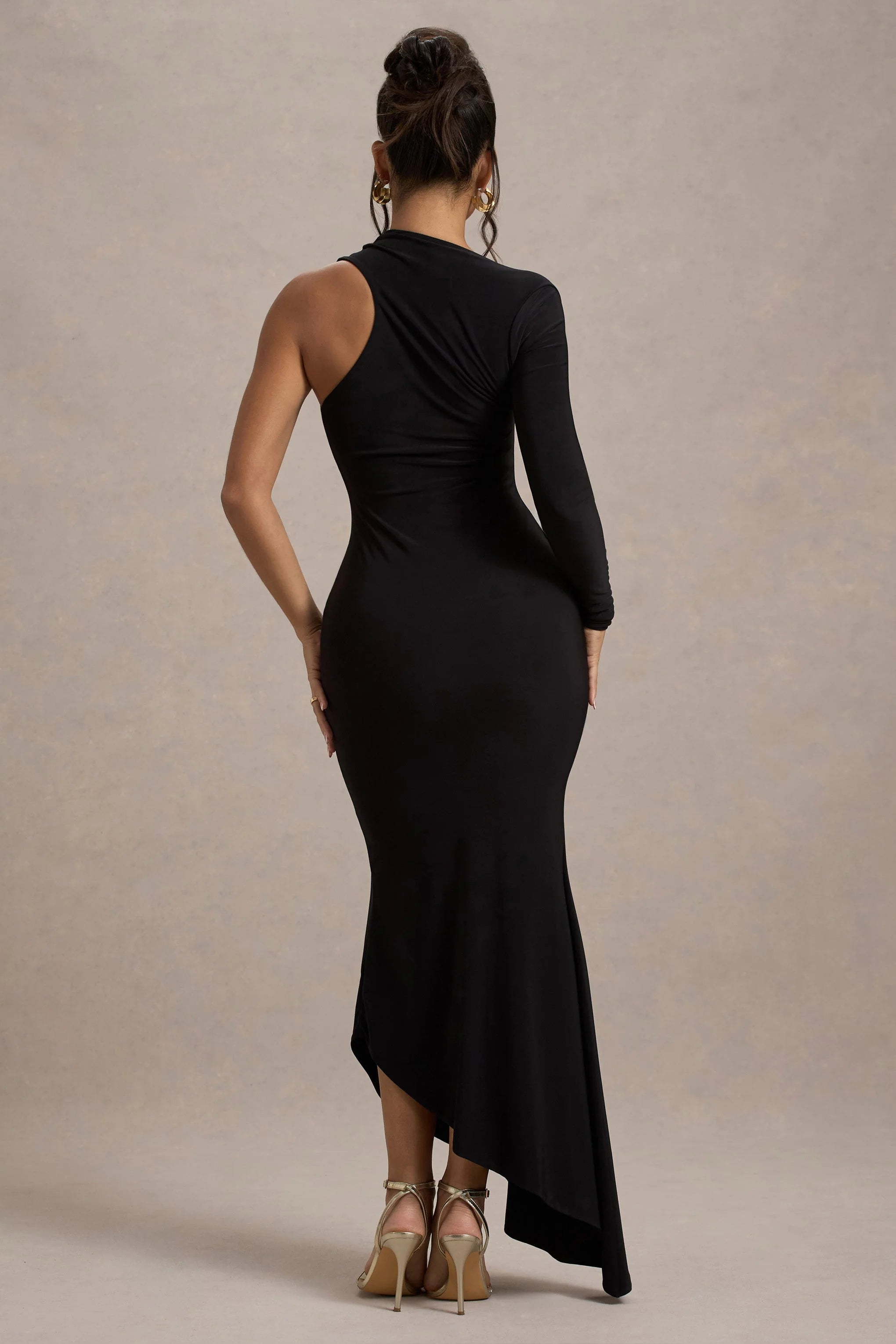 Orsa Black One Shoulder Asymmetric Maxi Dress