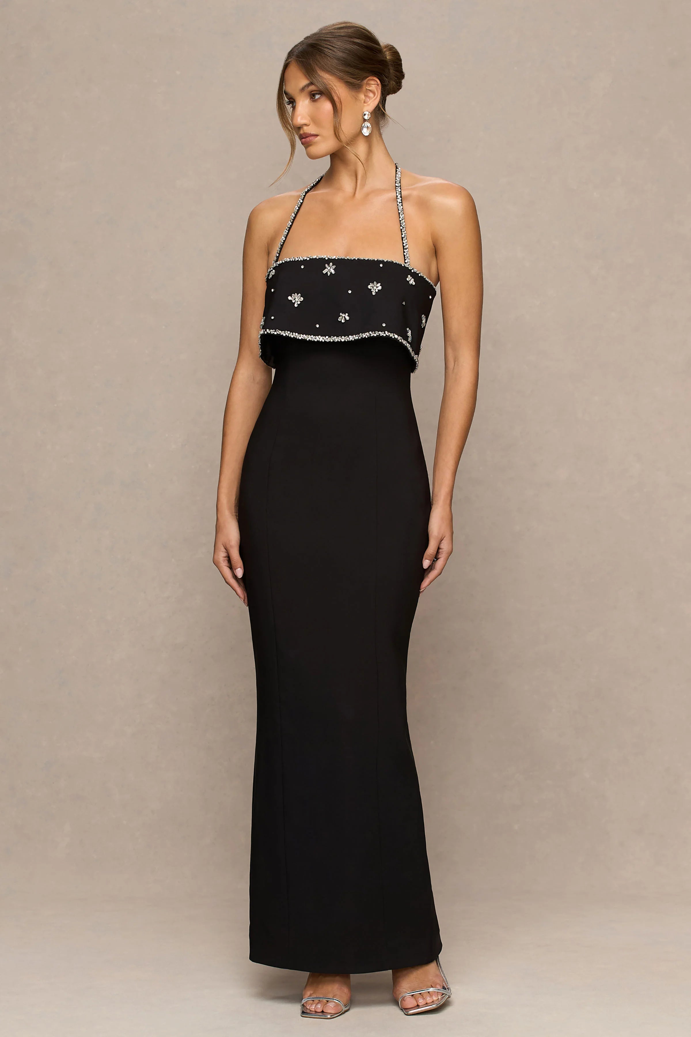 Illiana Black Bandeau Hand Embellished Maxi Dress