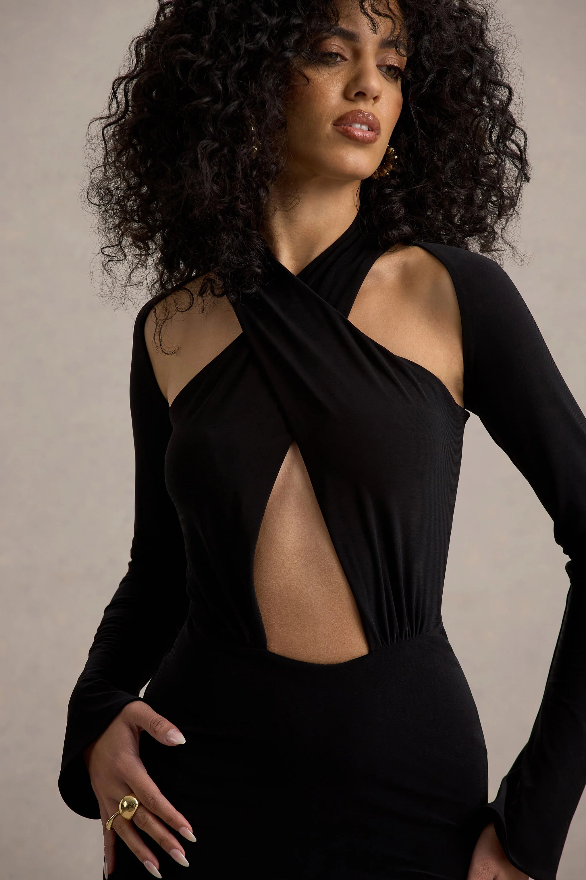 Gita Black Halter Neck Long Sleeve Maxi Dress