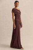 Emberly Brown Draped Asymmetric Neck Maxi Dress With Drop Waist