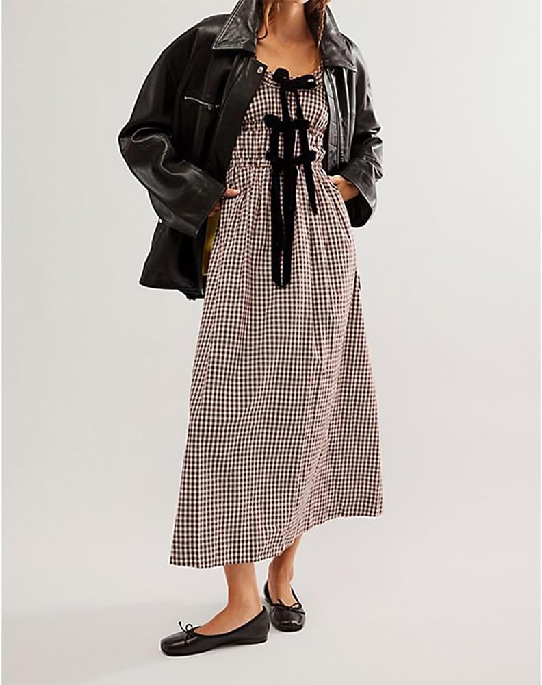 Women Plaid Maxi Dress Long Puff Sleeve Square Neck Flowy Boho Dress Bow Tie Smocked Fall Dresses