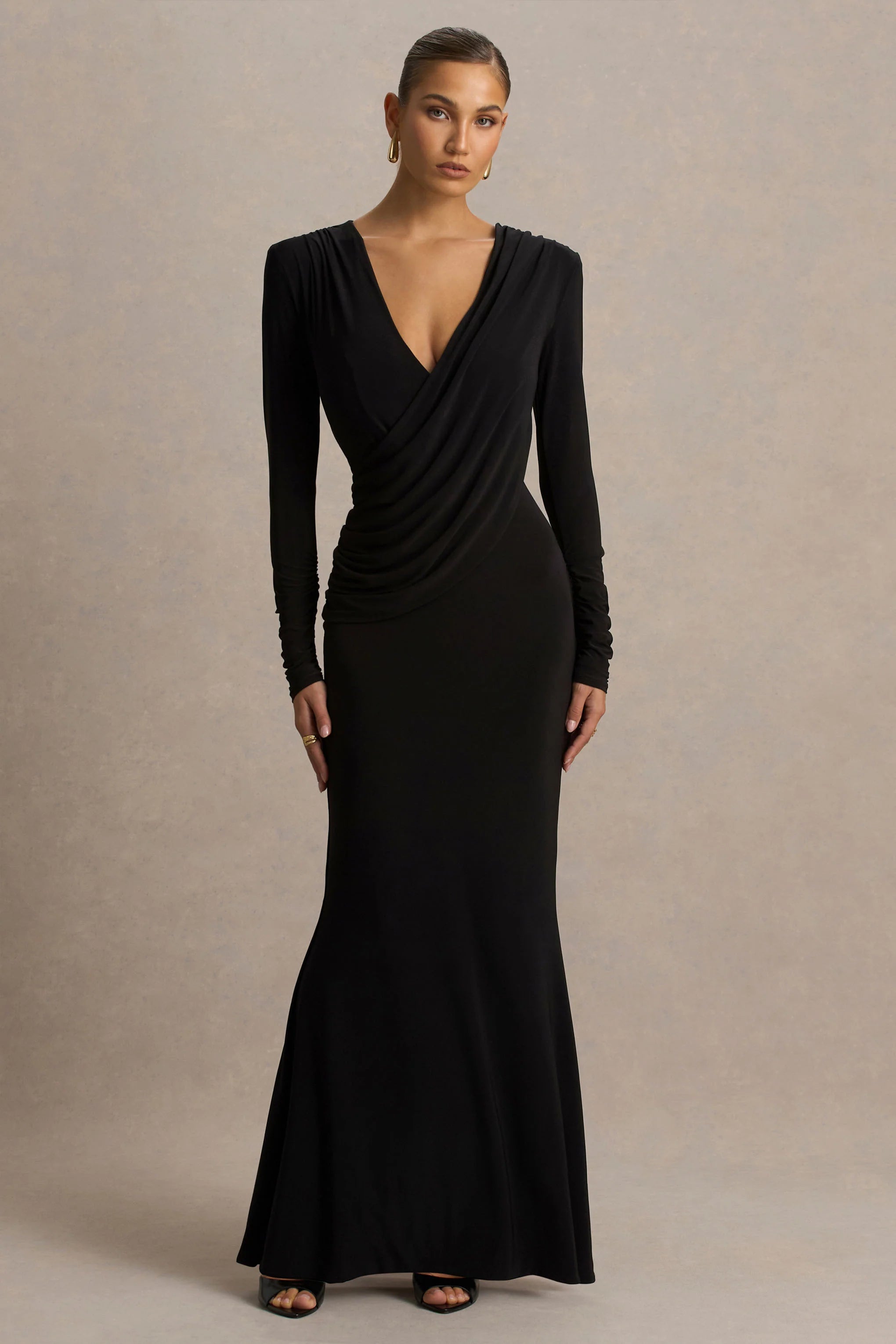 Daphira Black Extreme Plunge Neck Maxi Dress