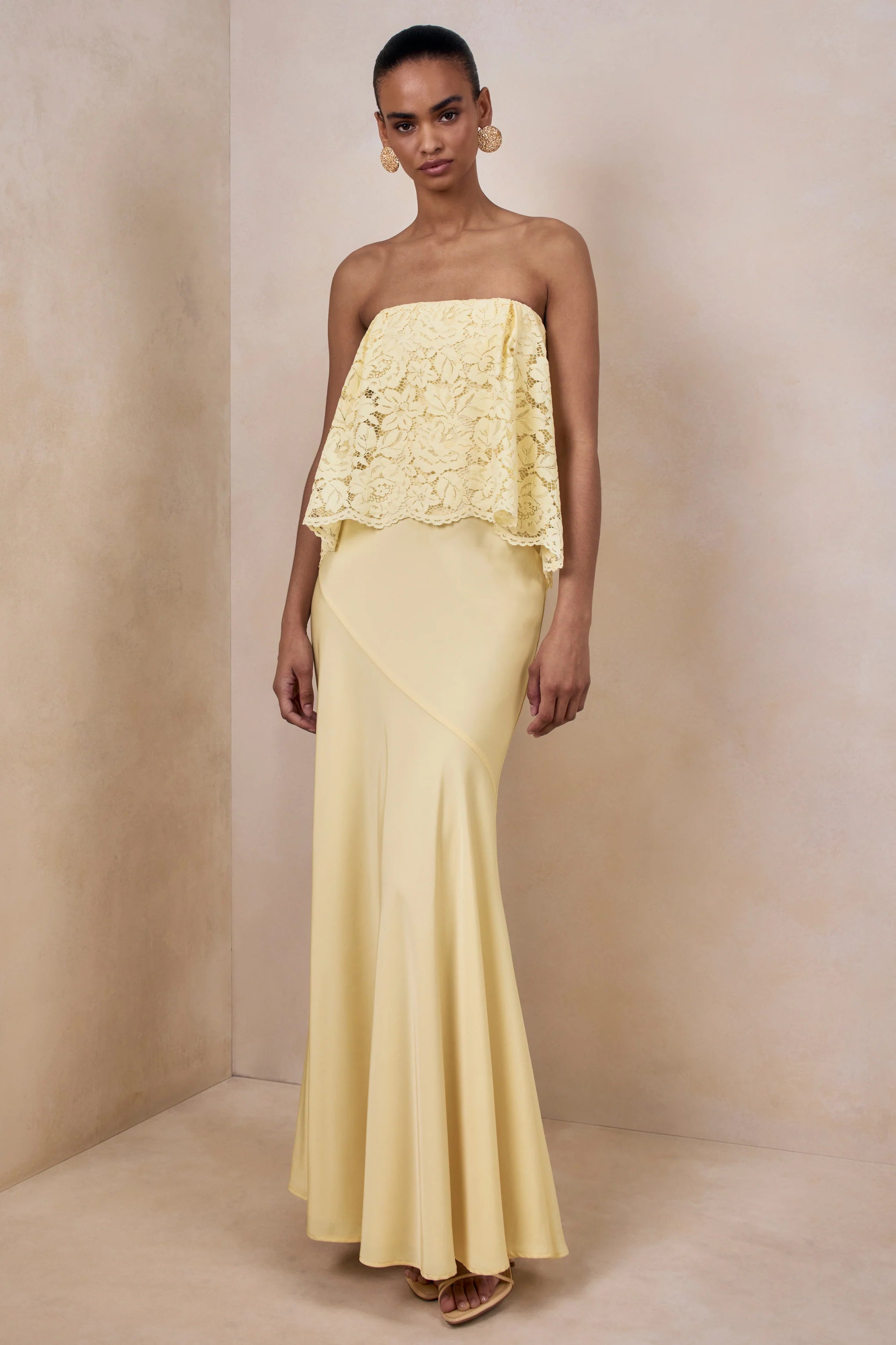 Clemency Lemon Lace And Matte Satin Bandeau Maxi Dress