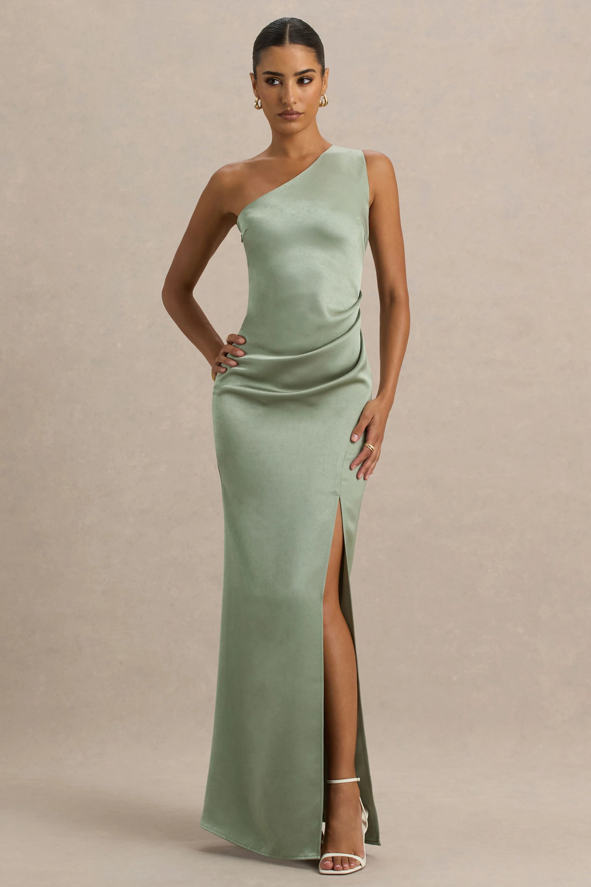 Beth Sage Asymmetric Neckline High Split Maxi Dress