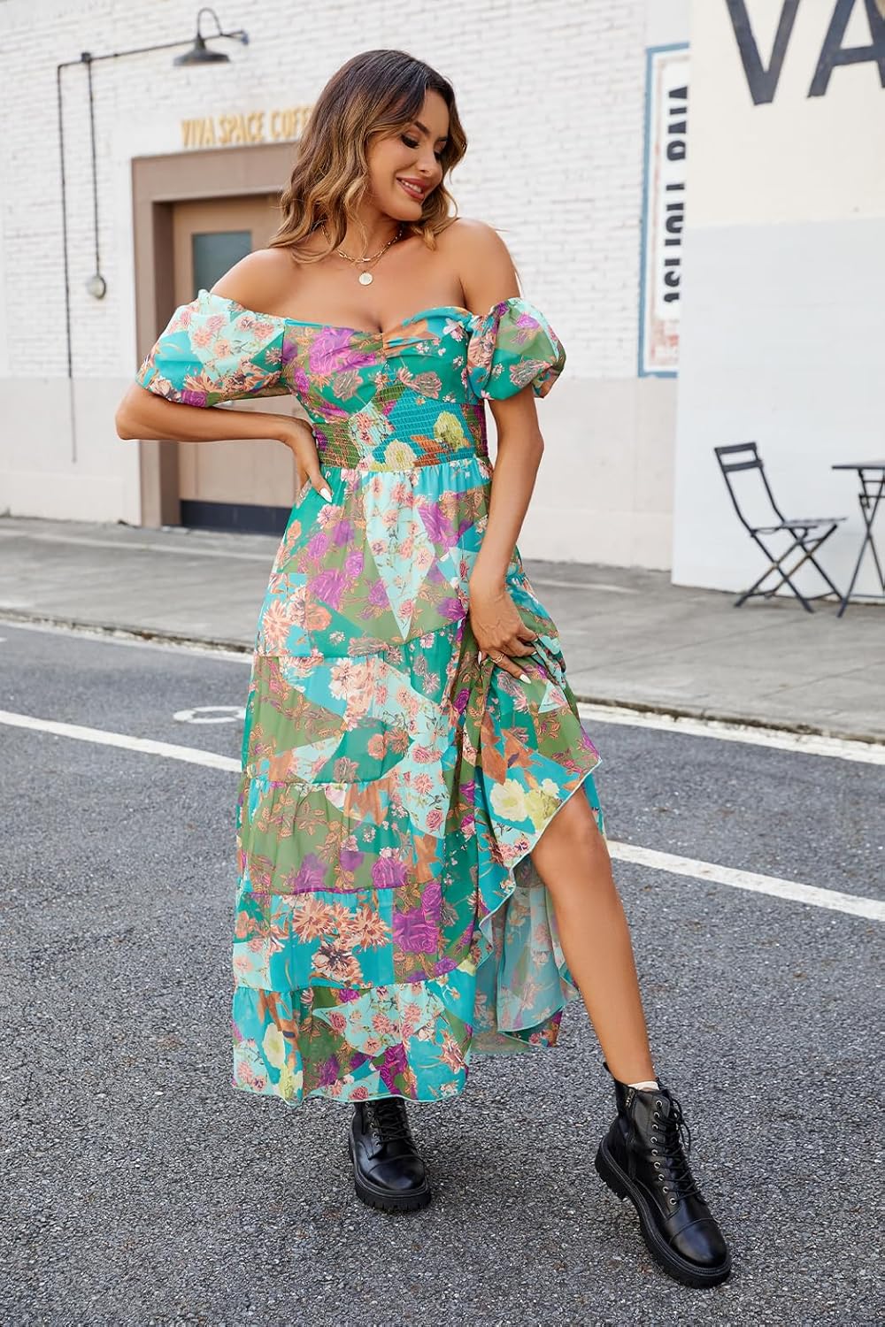 Women Floral Maxi Dress Short Puff Sleeve V Neck Bohemian Flowy Dress Smocked Casual Spring Summer Dresses