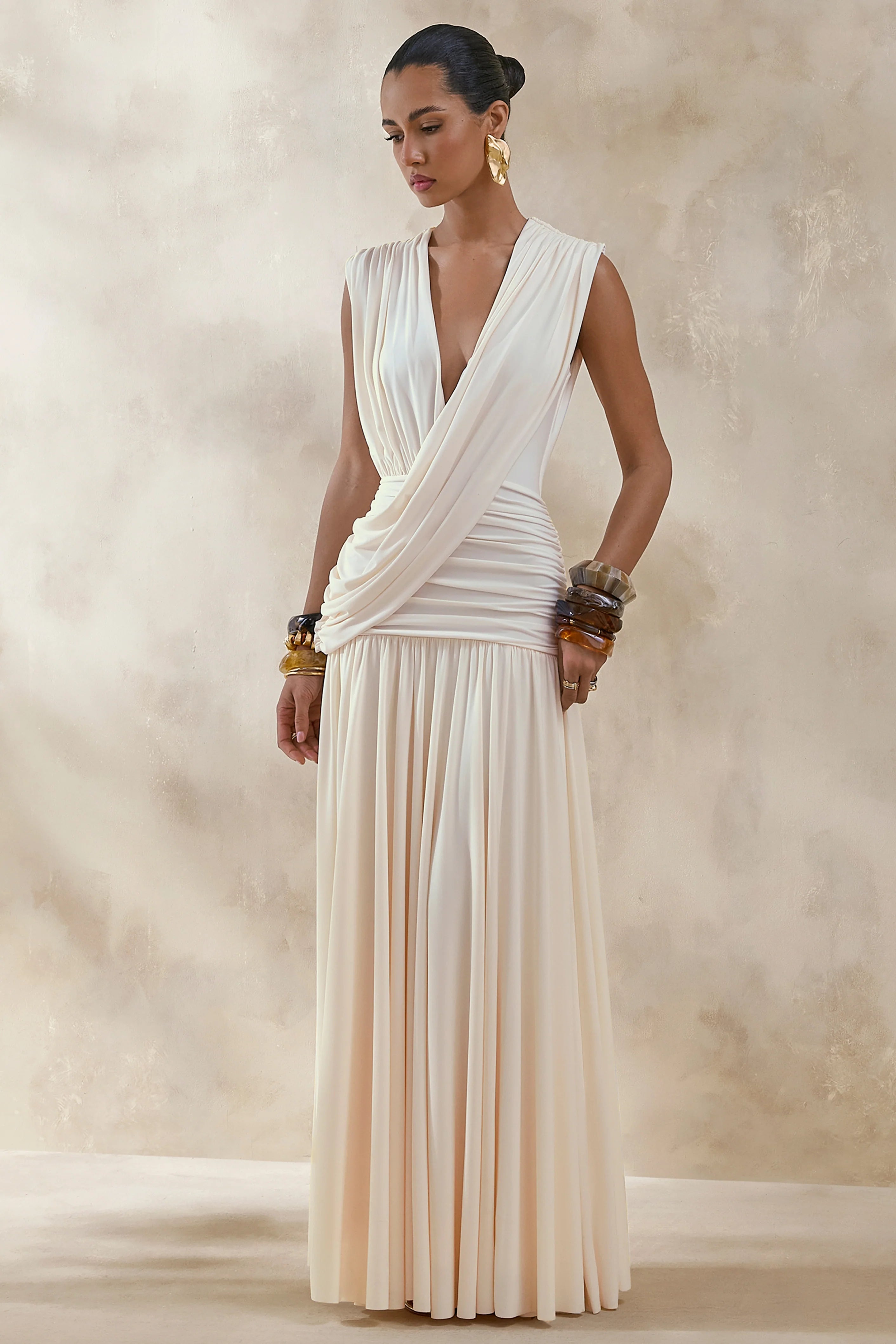 Glorina Cream Plunge Neck Maxi Dress With Draped Detailing