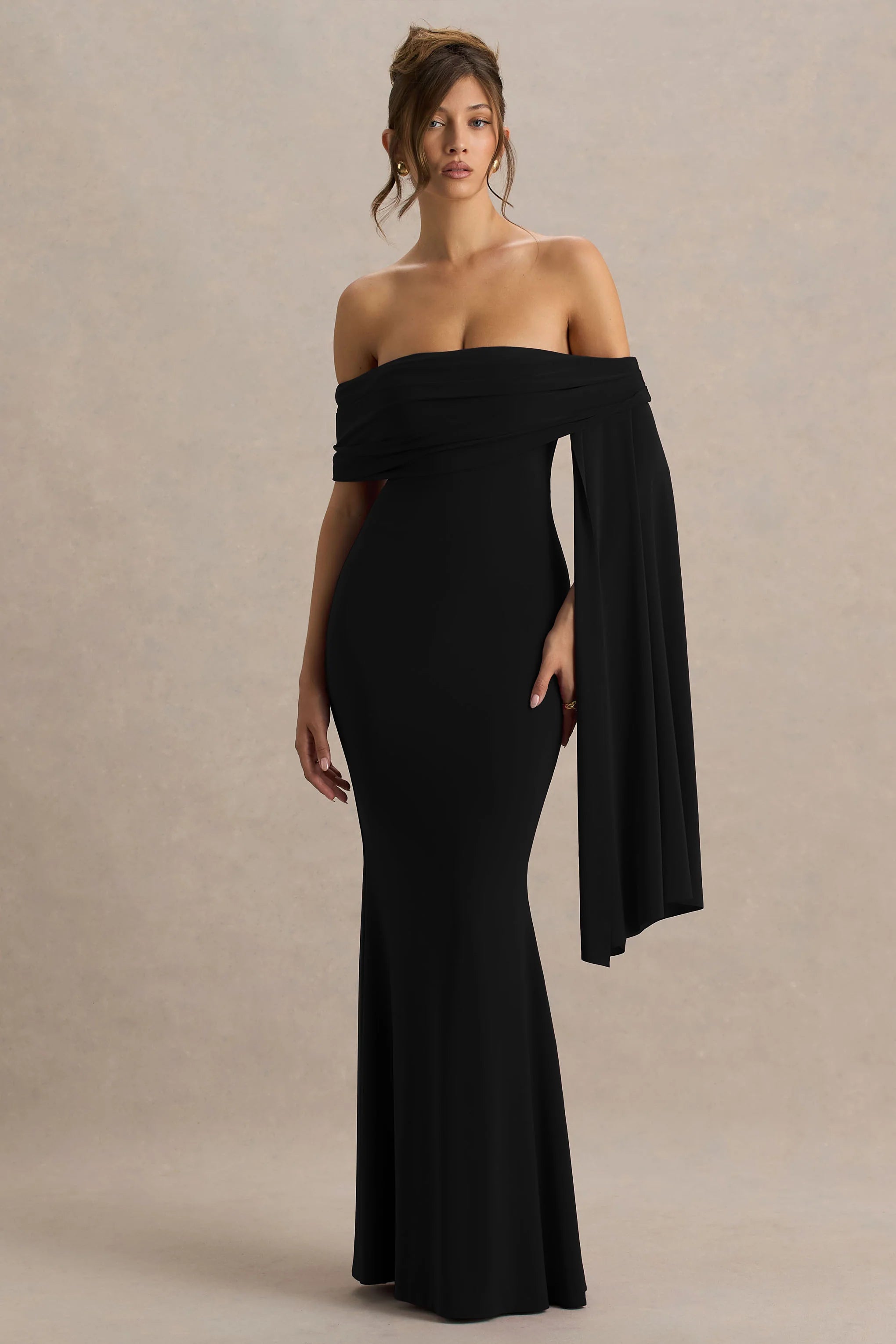 Saffina Black Bardot Neck Maxi Dress With Sash Detail