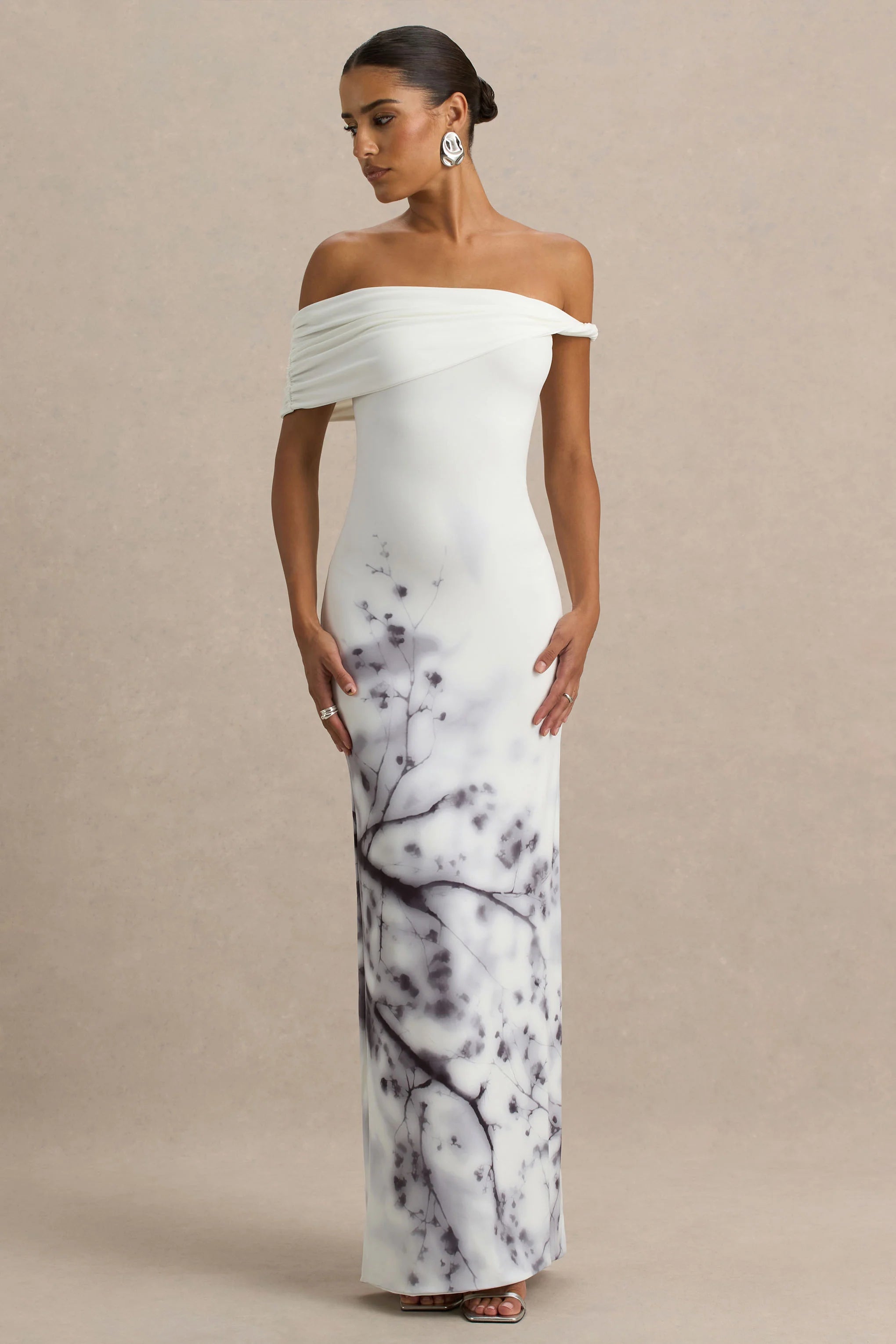 Sachi White Print Twisted Bardot Maxi Dress