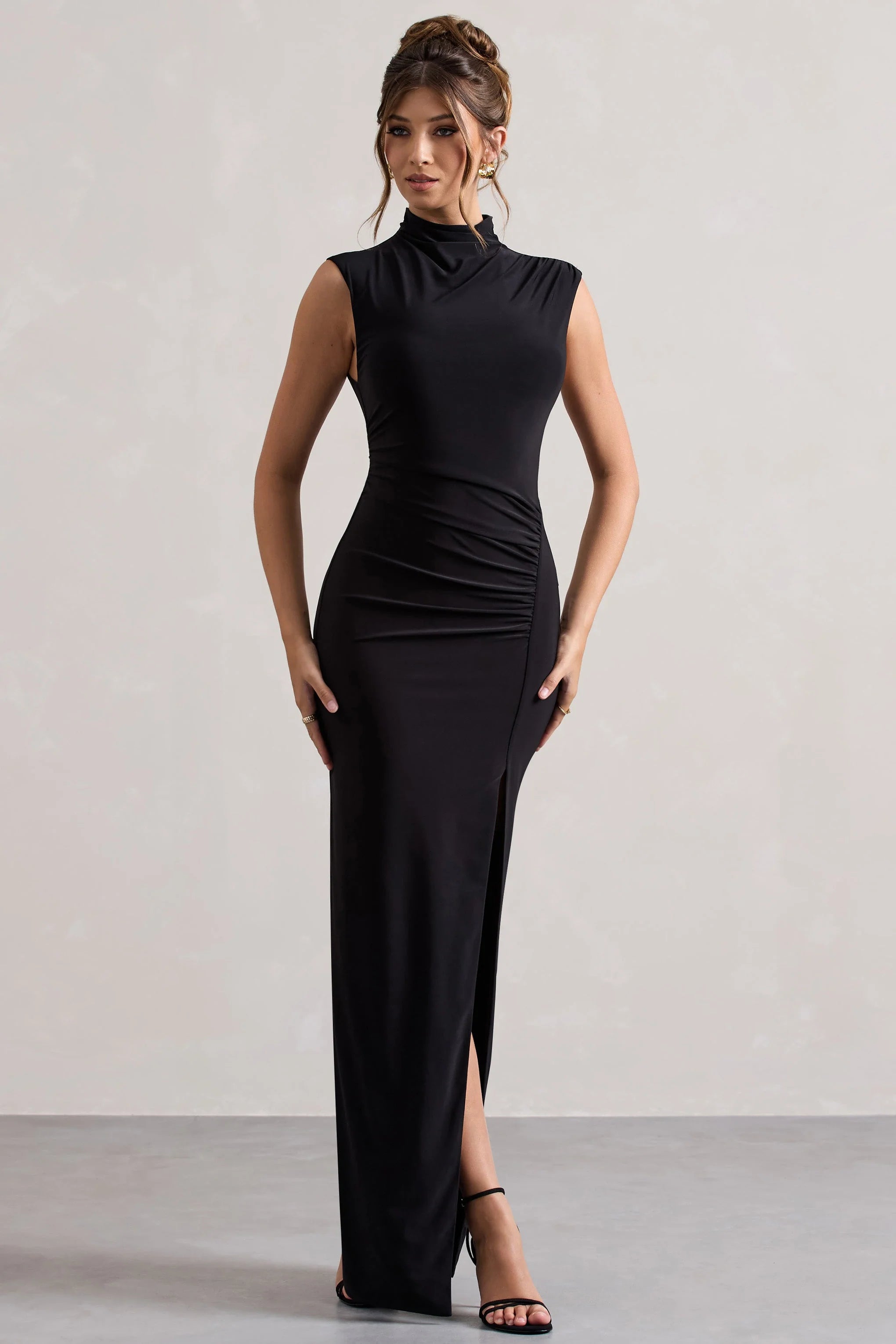 Lanetta Black Ruched High Neck Maxi Dress With Split