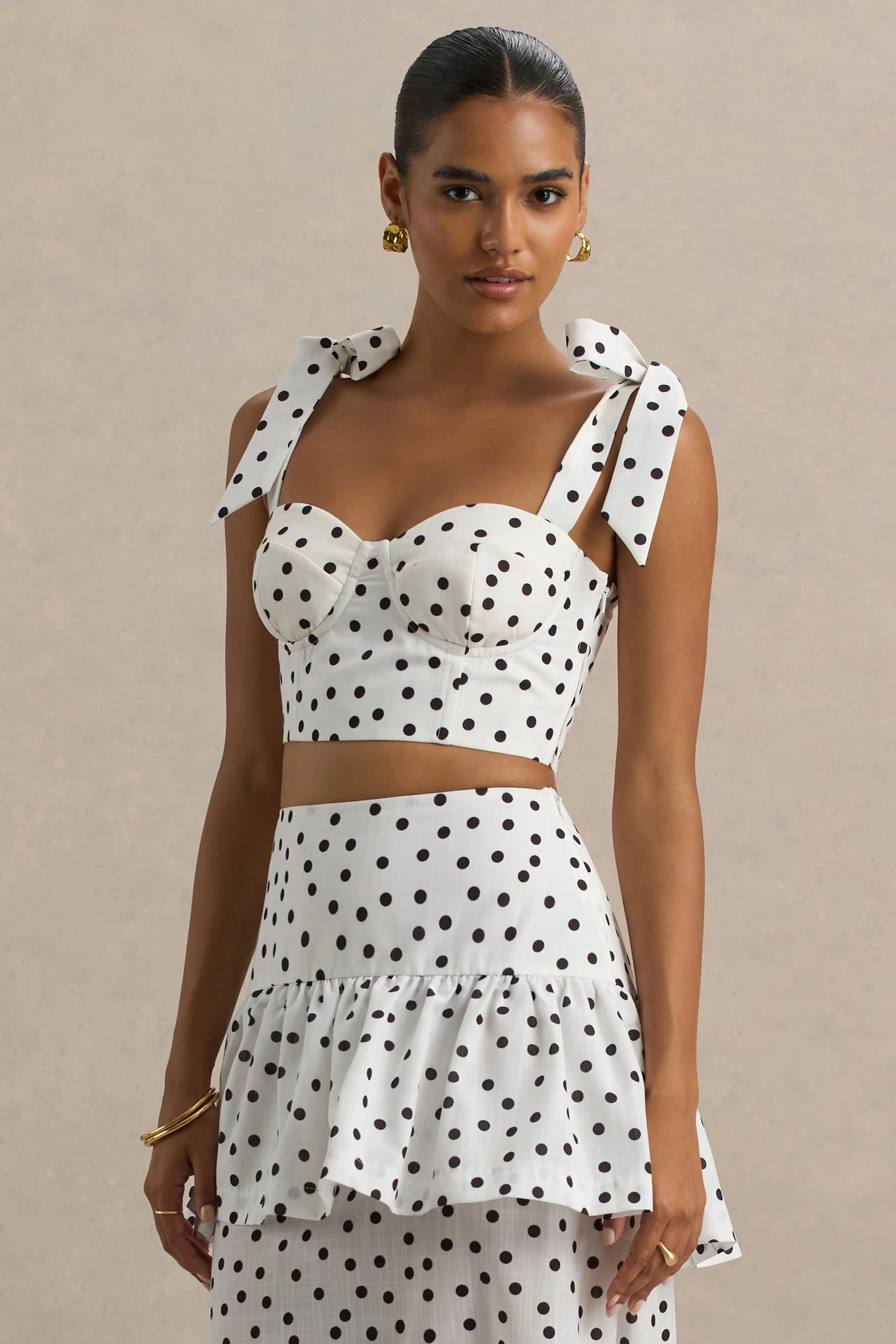 Lumen White Polka Dot Corset Sweetheart Top With Bow Straps