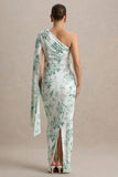 Aliana Green Porcelain Print Asymmetric Maternity Maxi Dress With Ruched Detailing