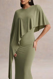 Ravena Olive Crew Neck Maxi Dress With Asymmetric Cape Sleeve