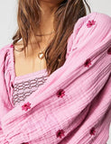 Women Floral Embroidered Maxi Dress Long Puff Sleeve Square Neck Bohemian Flowy Dress with Pockets Summer Fall