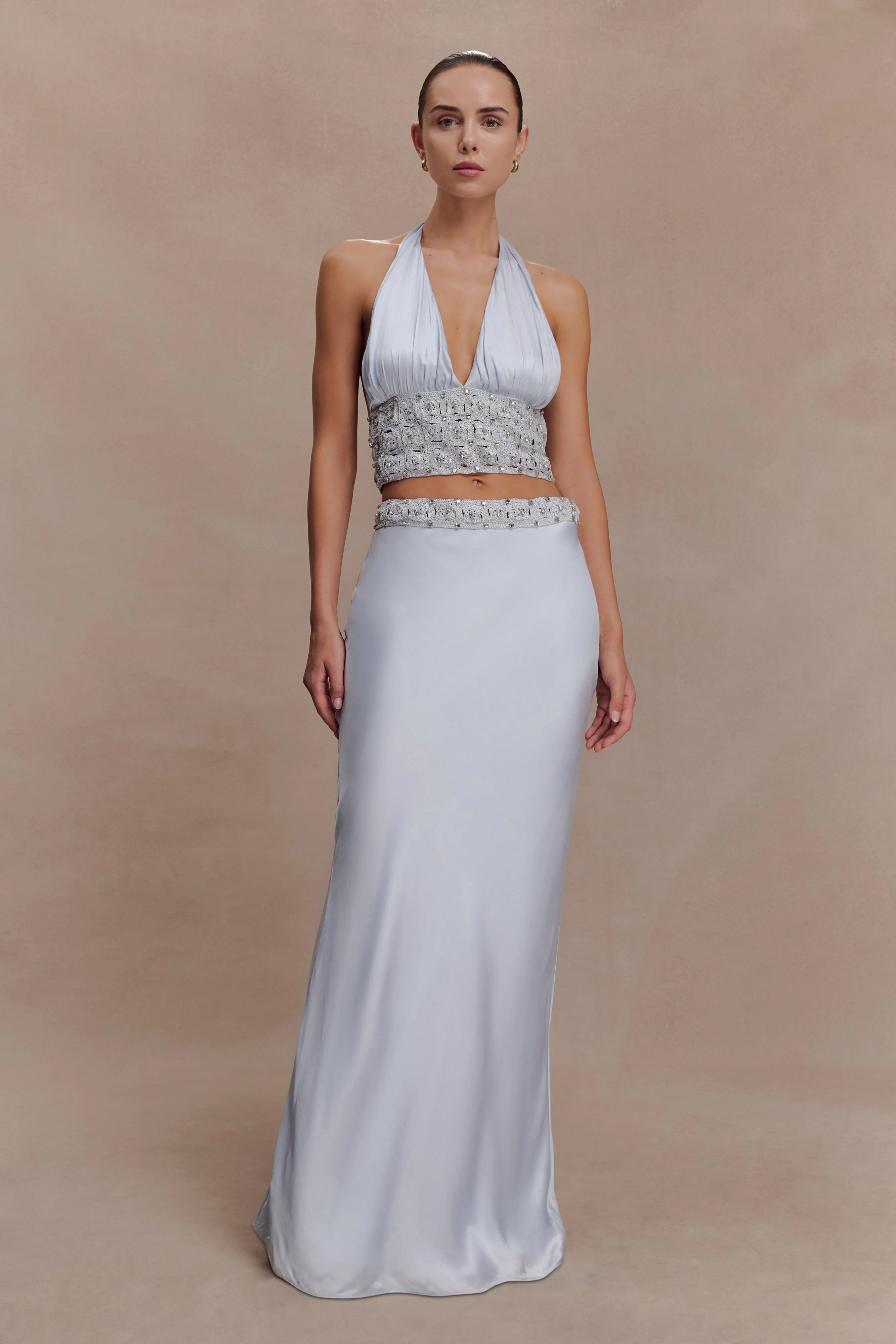 Clementine Chiffon Hand Beaded Maxi Skirt Pale Blue