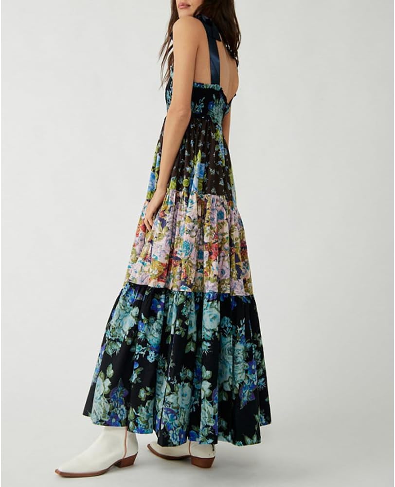 Women Floral Maxi Dress Tie Shoulder Patchwork Smocked Flowy Boho Dress with Pockets Summer Vacation Sundress