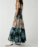 Women Floral Maxi Dress Tie Shoulder Patchwork Smocked Flowy Boho Dress with Pockets Summer Vacation Sundress