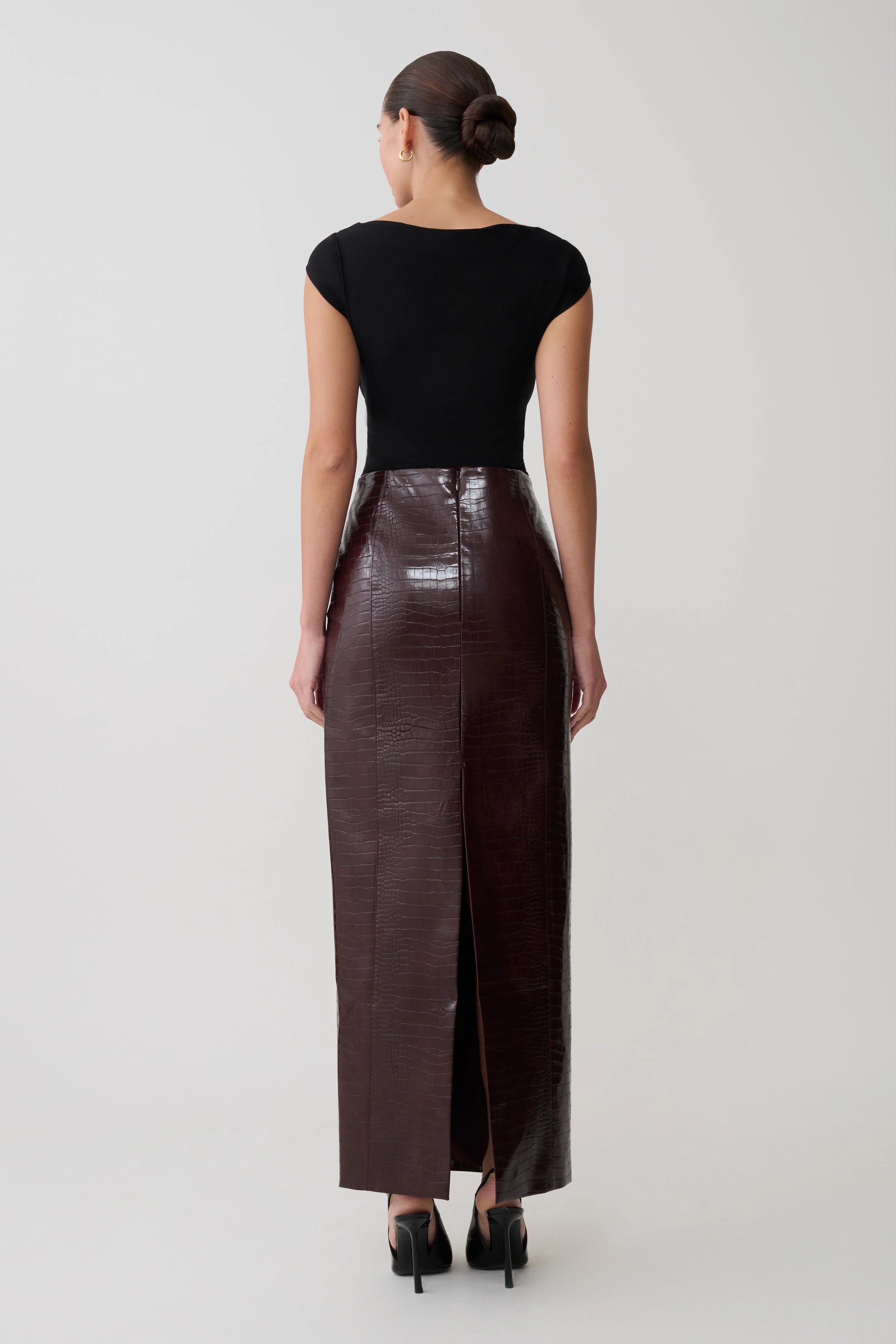 Thalia Croc Faux Leather Midi Skirt Merlot