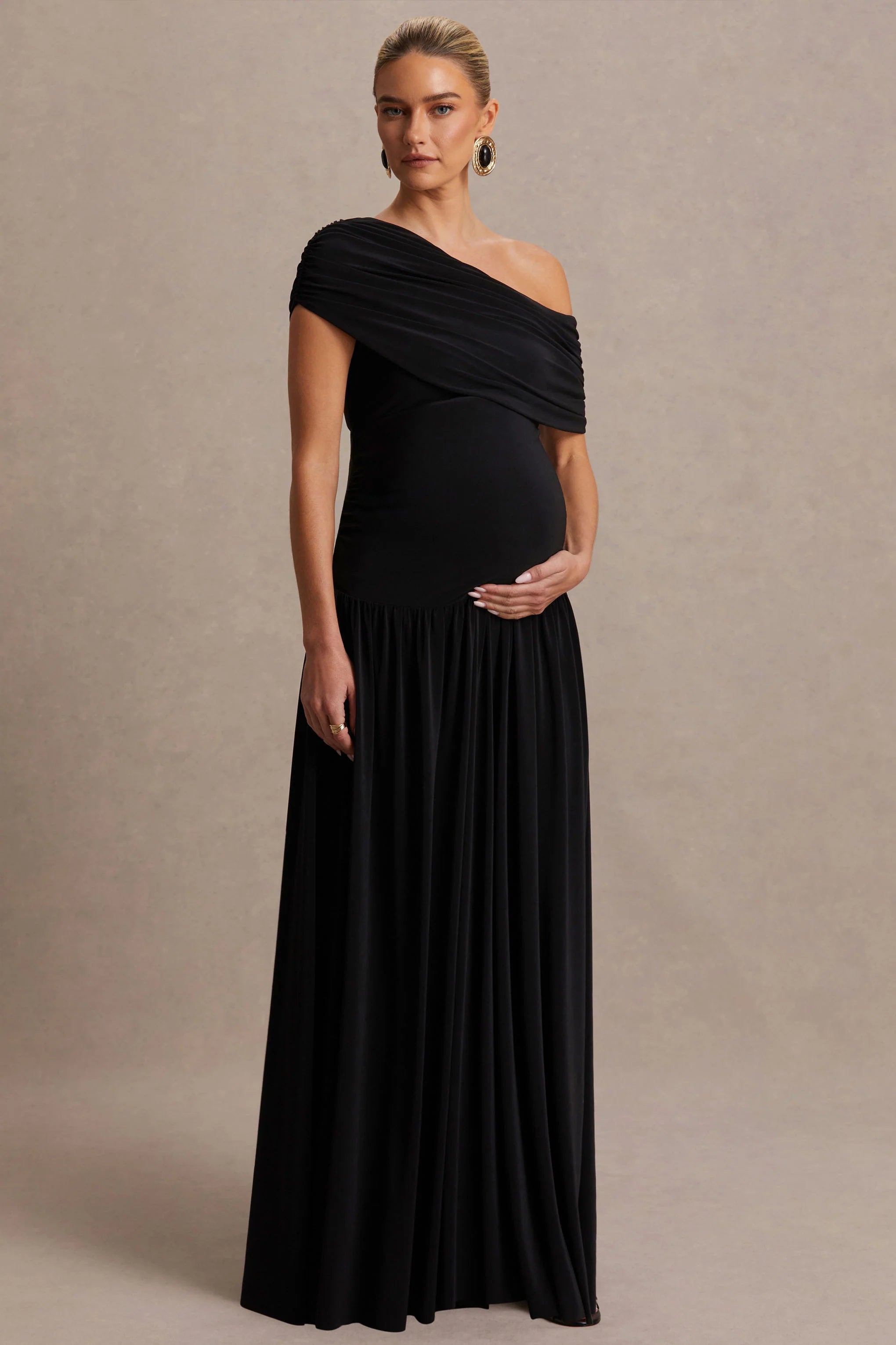 Noah Black Asymmetric Neck Maternity Maxi Dress With Drop Waist