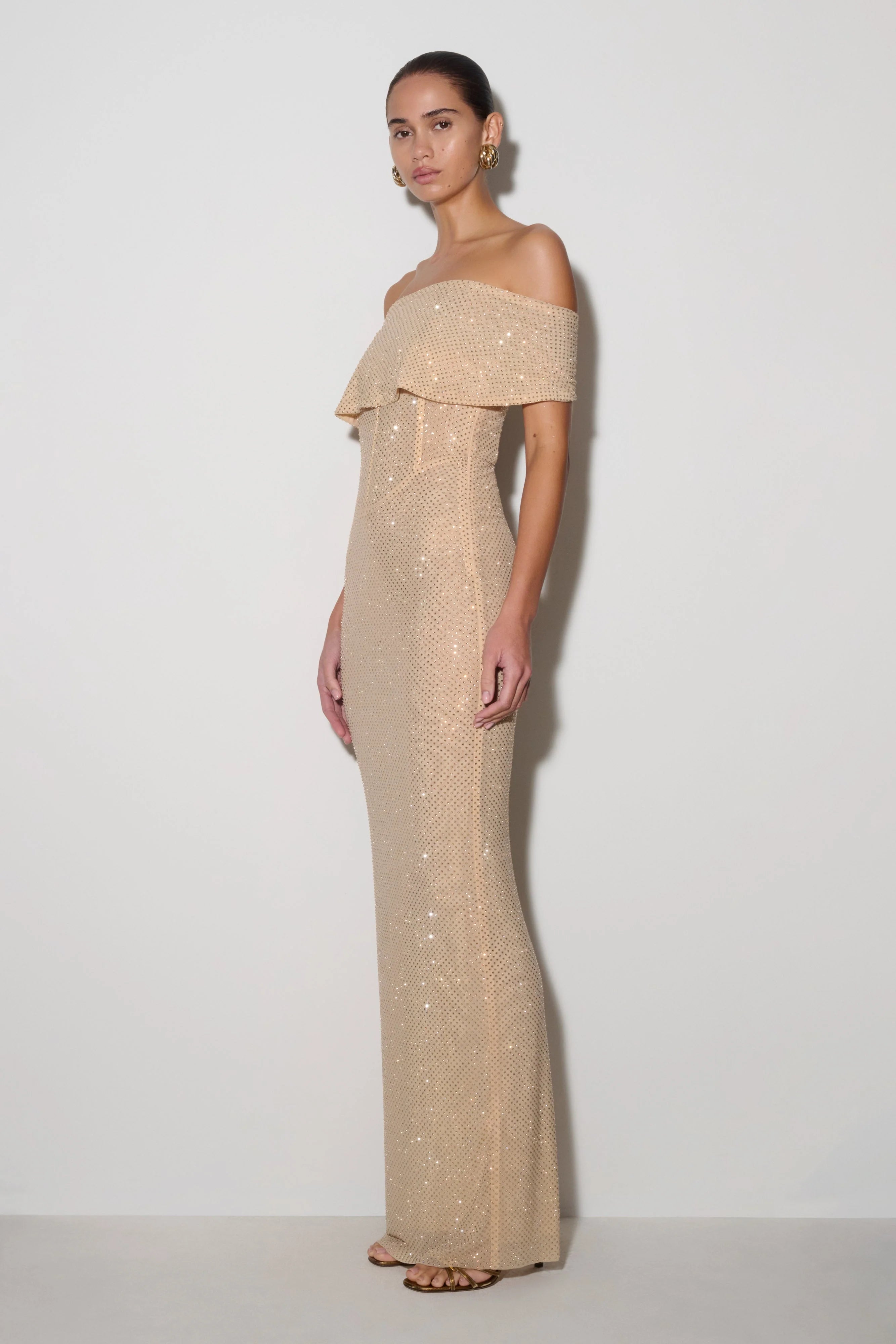 Phi Multi Wear Cowl Diamante Maxi Dress Gold
