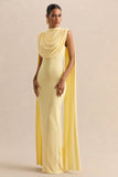 Patrina Lemon High Neck Maxi Dress With Draped Detailing And Cape Sleeves