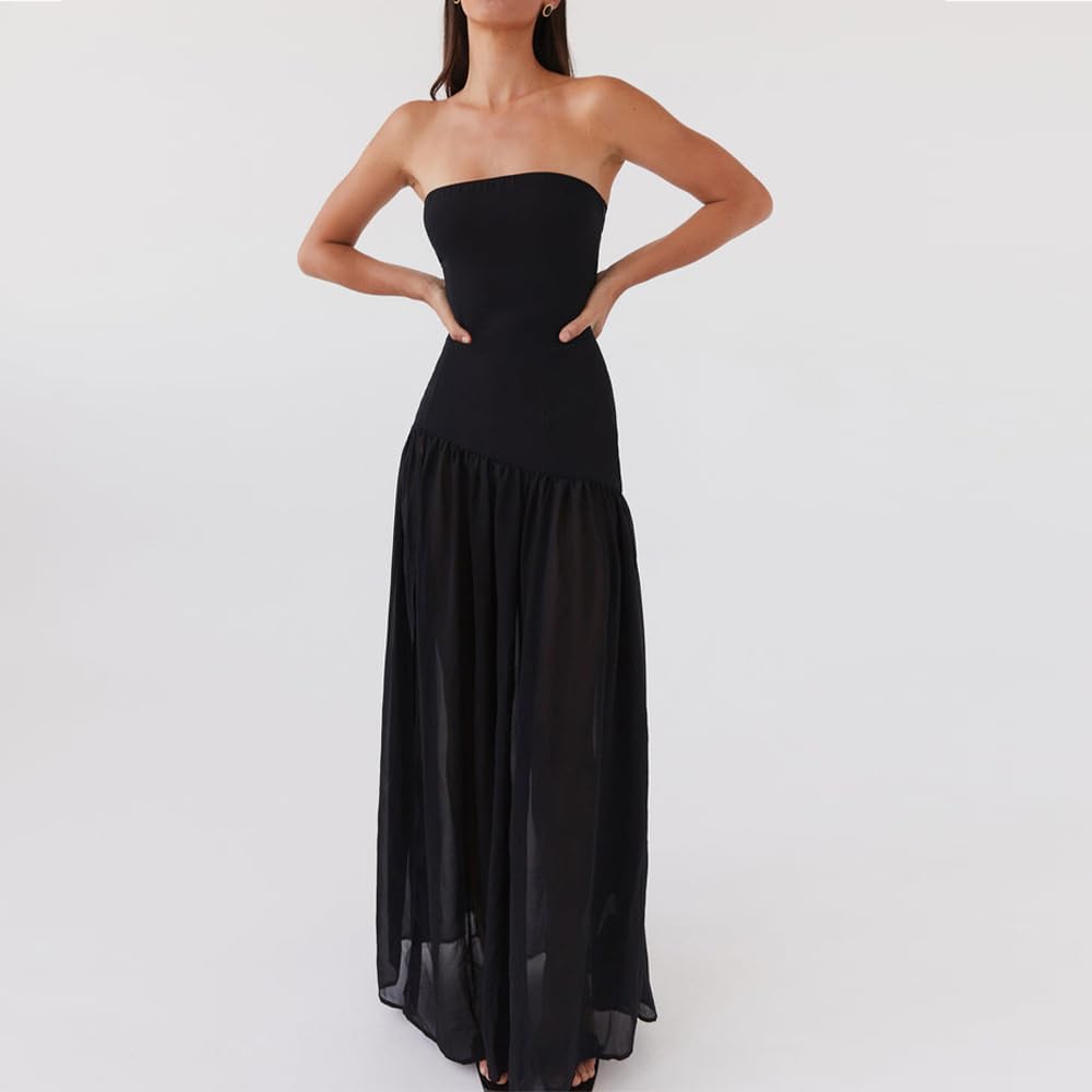 Women Tube Top Dress Tiger Stripe Mesh Patchwork Maxi Dress Strapless Sexy High Slit Long Dresses Beach Vacation