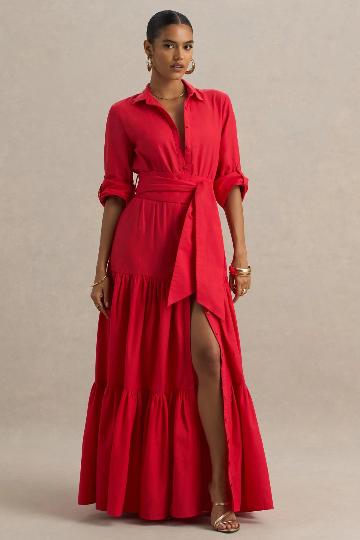 Sydney Red Belted Maxi Shirt Dress