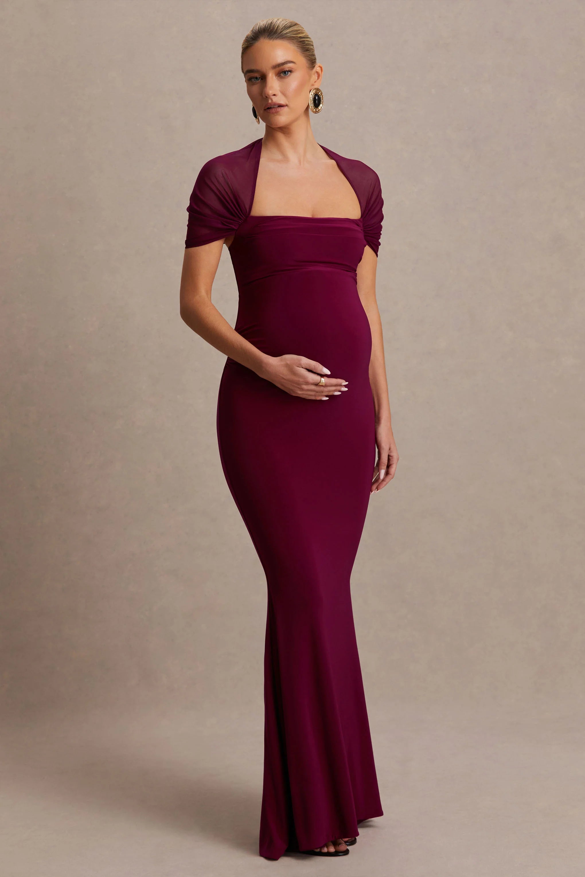 Dome Burgundy Square Neck Mesh Sleeve Maternity Maxi Dress