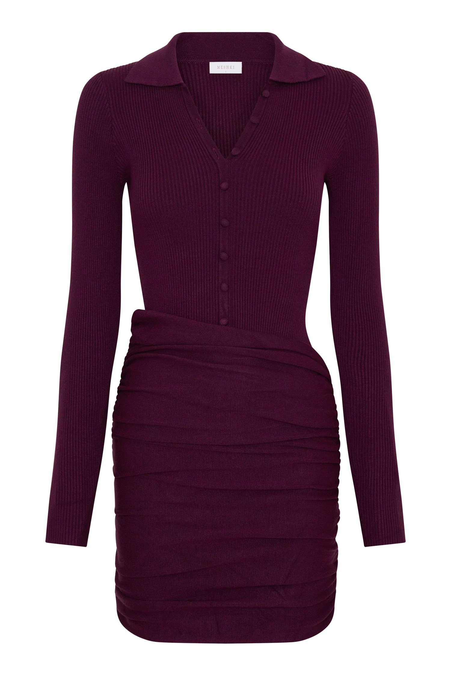 Agness Long Sleeve Button Up Knit Dress Plum