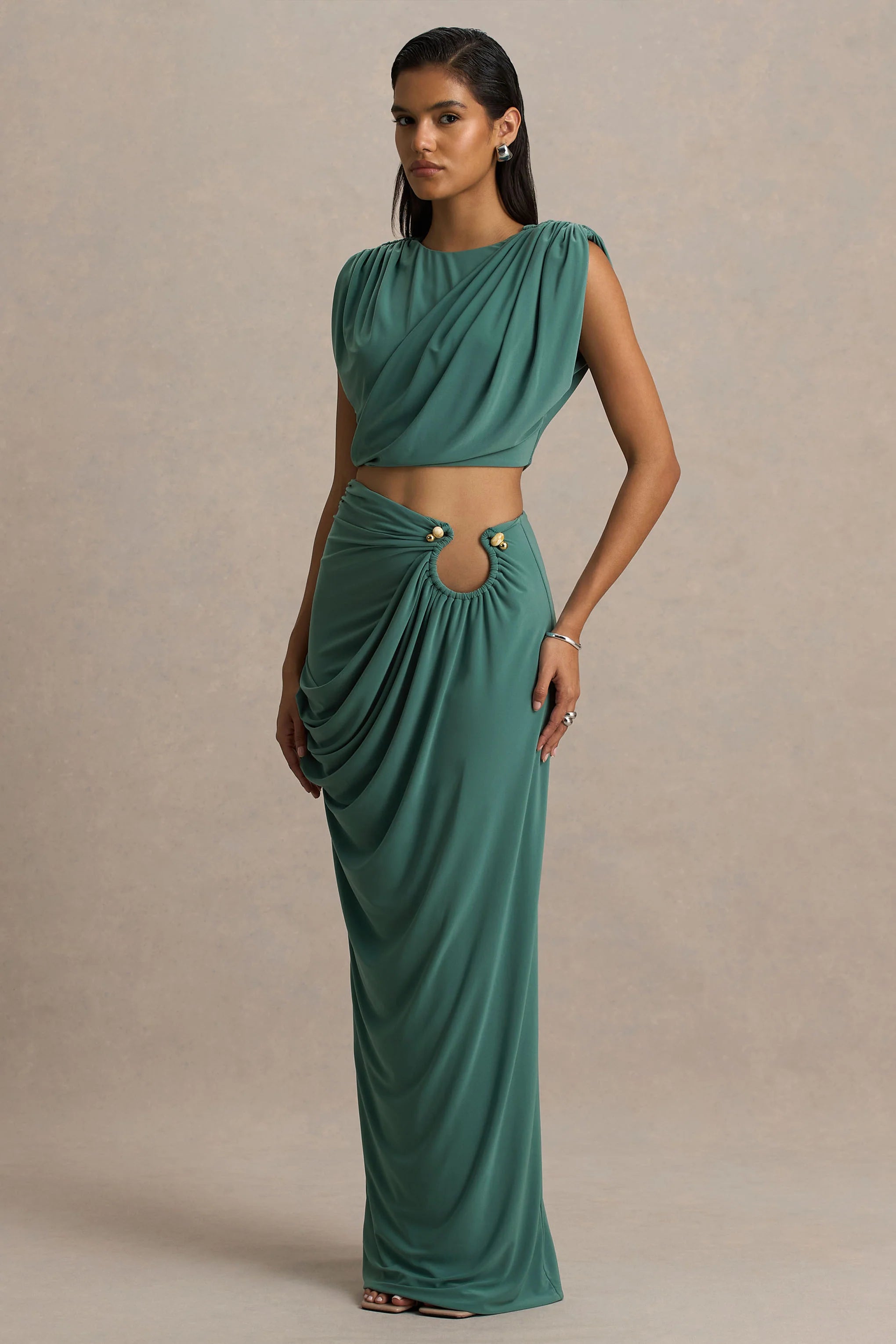 Avaline Green Wrap Maxi Skirt With Ruched Detailing