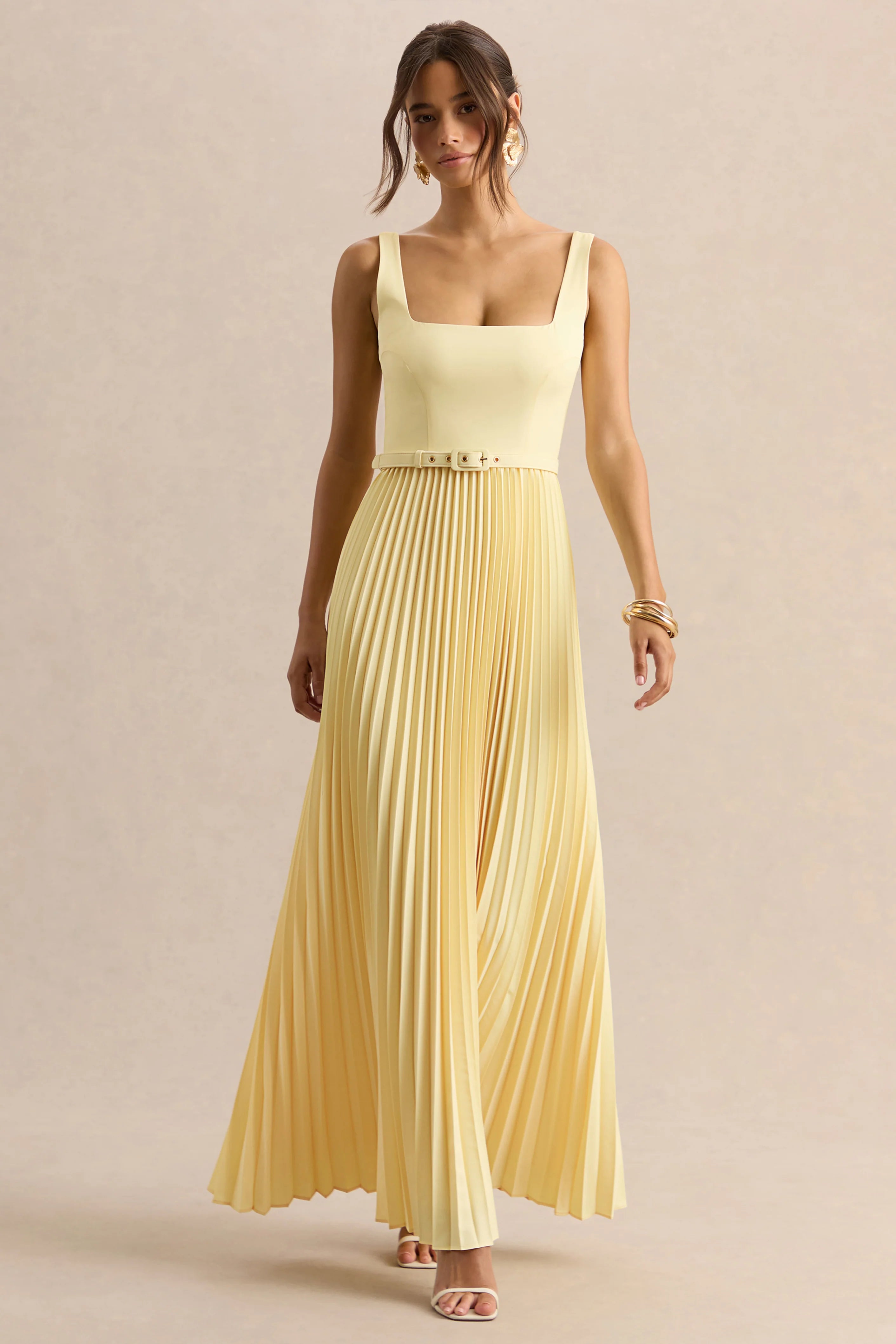 Danika Lemon Square Neck Belted Maxi Dress With Pleated Skirt
