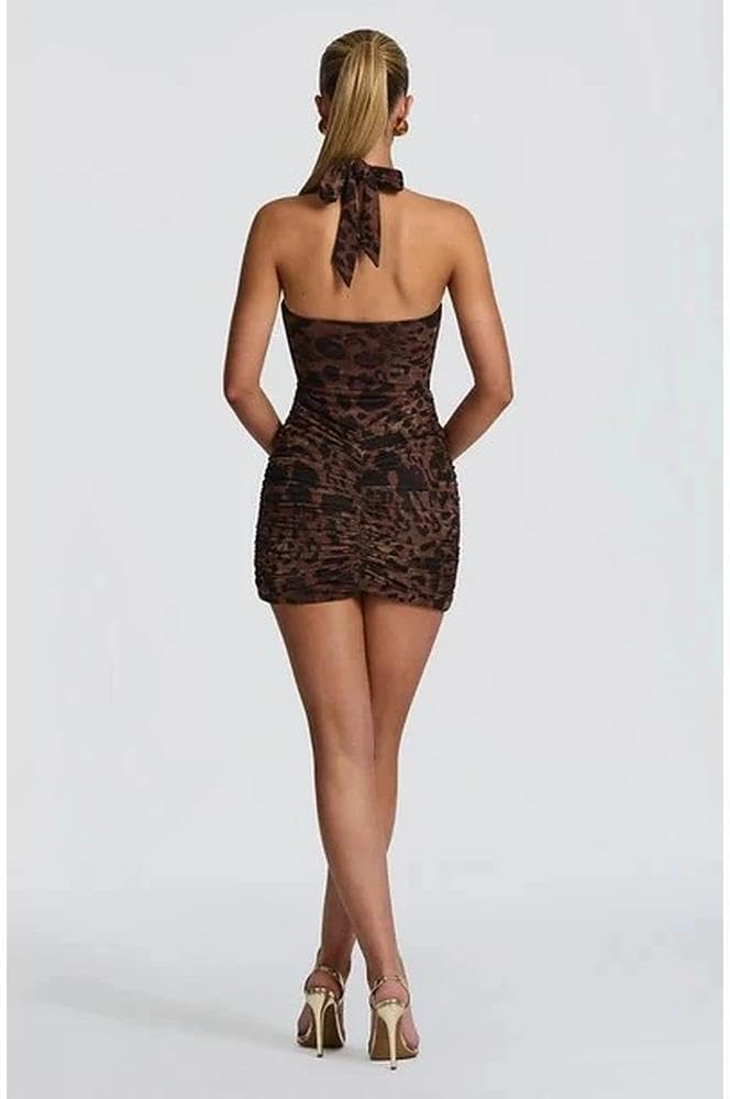 Women Deep V Neck Ruched Mini Dresses Backless Halter Dress Party Club Night