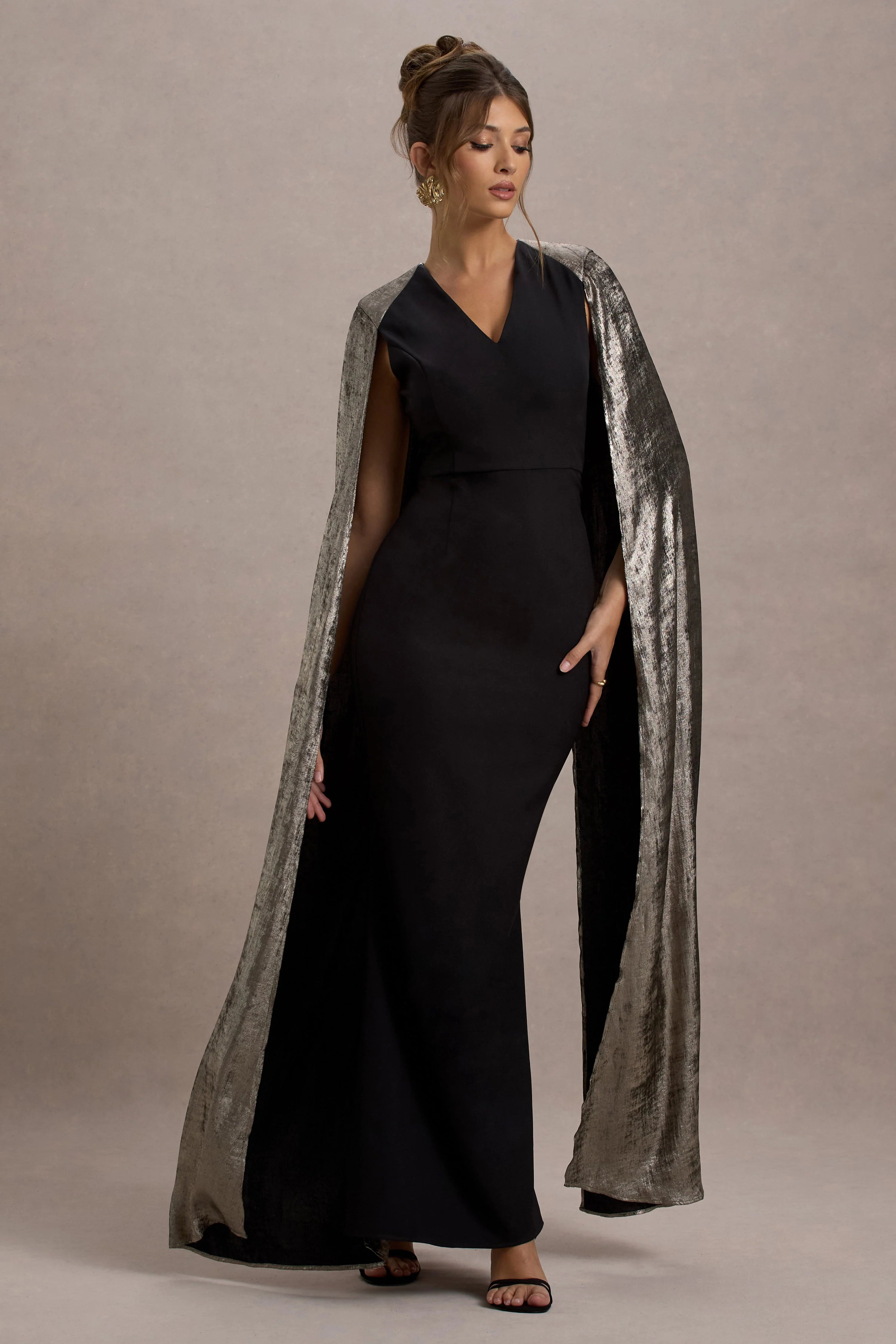 Ilenia Black V Neck Maxi Dress With Metallic Cape