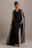 Ilenia Black V Neck Maxi Dress With Metallic Cape