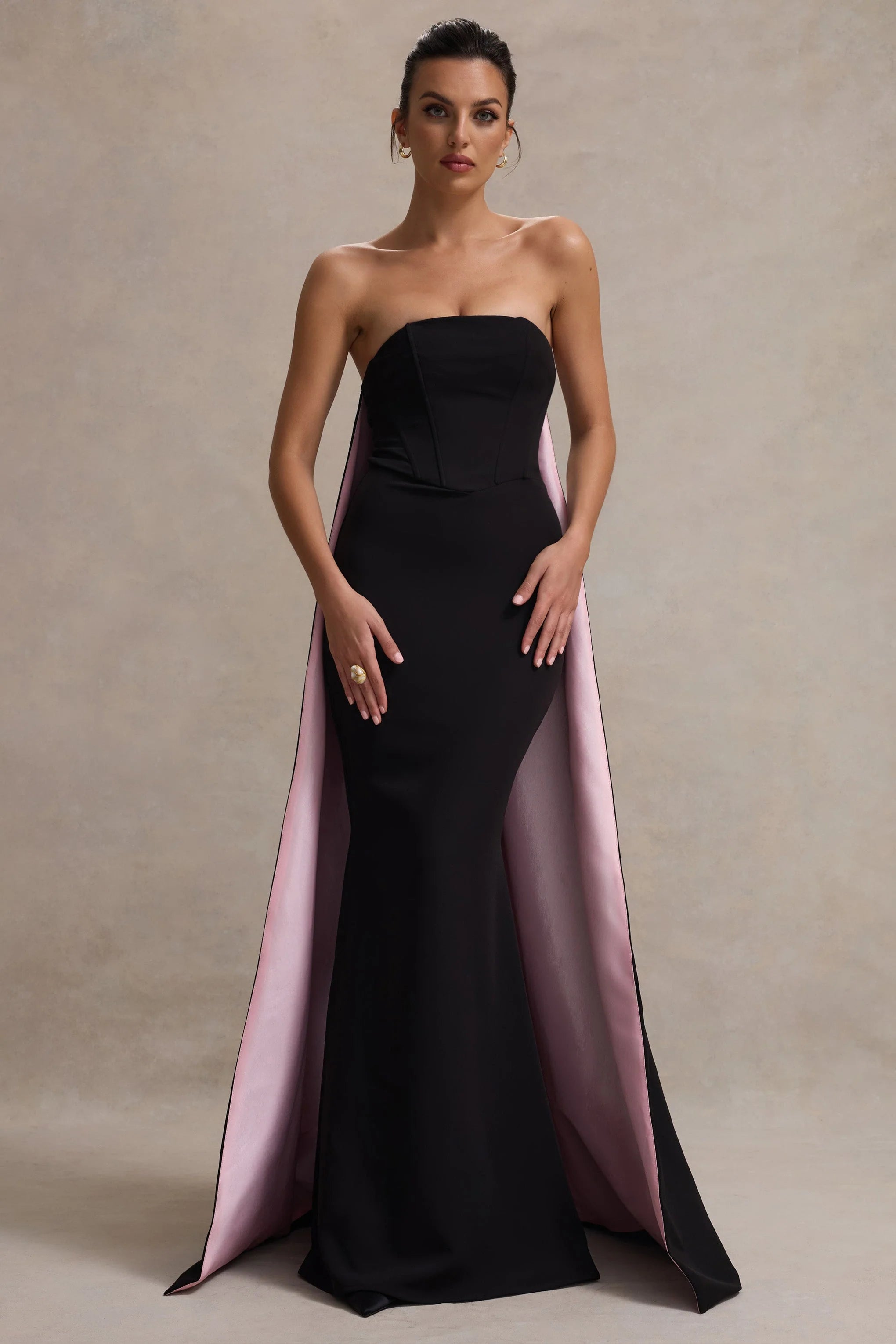 Shes Trouble Black Bandeau Maxi Dress With Pink Cape