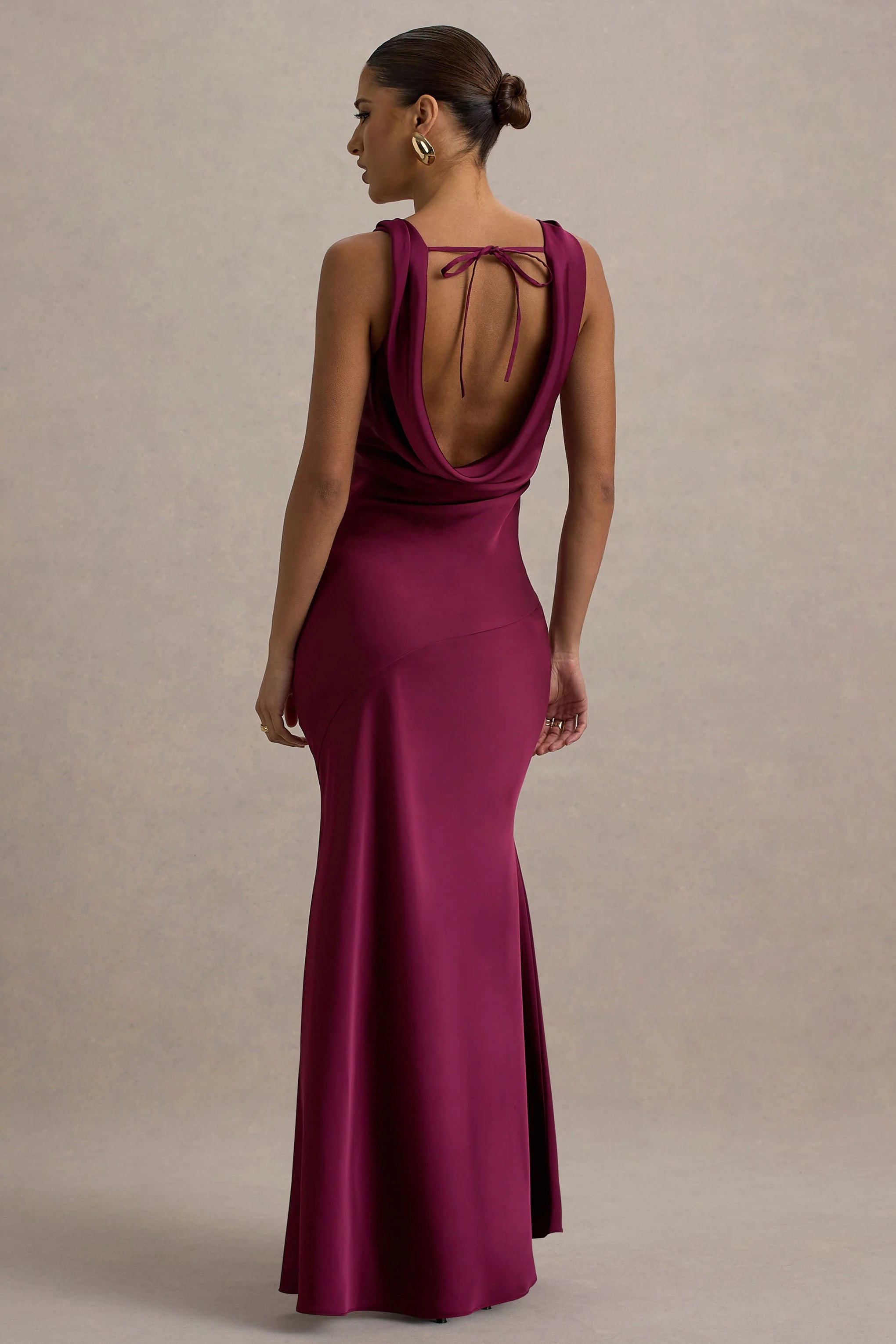 Alesso Burgundy Satin Cowl Neck Slip Maxi Dress