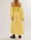 Women Floral Embroidered Maxi Dress Long Puff Sleeve Square Neck Bohemian Flowy Dress with Pockets Summer Fall