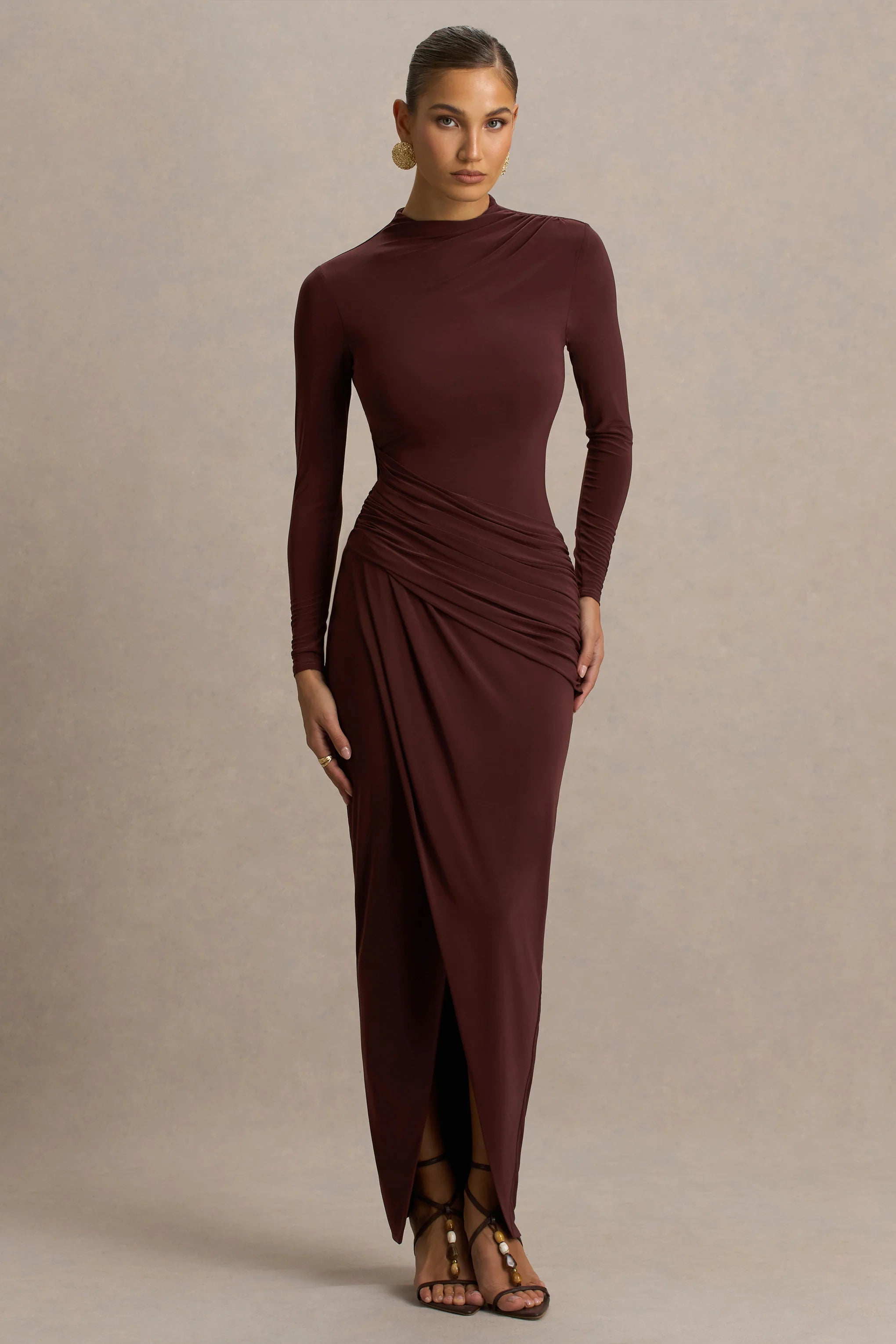 Zephyra Brown High Neck Wrapped Maxi Dress