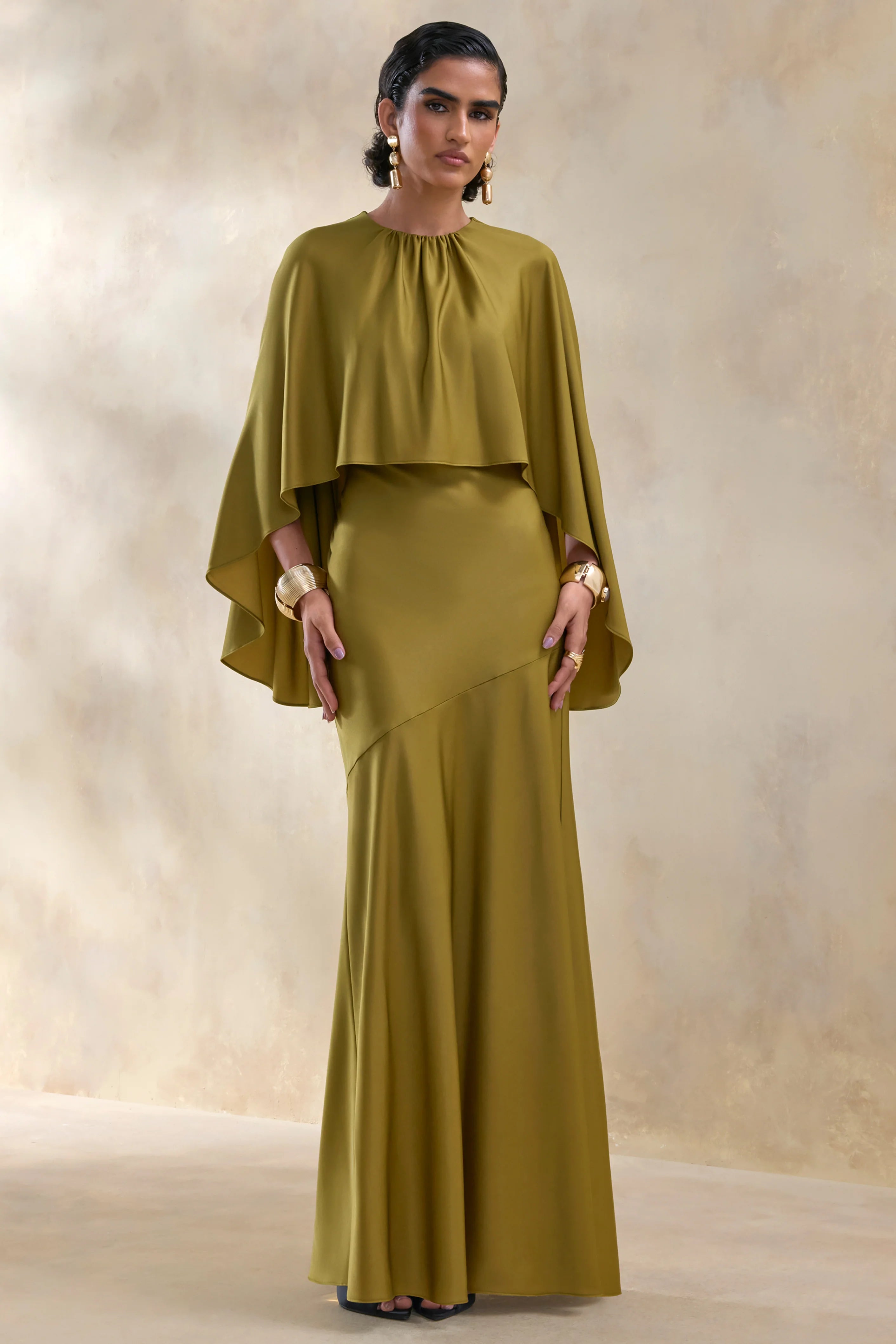 Vanthea Olive Satin Round Neck Maxi Dress With Cape Sleeves