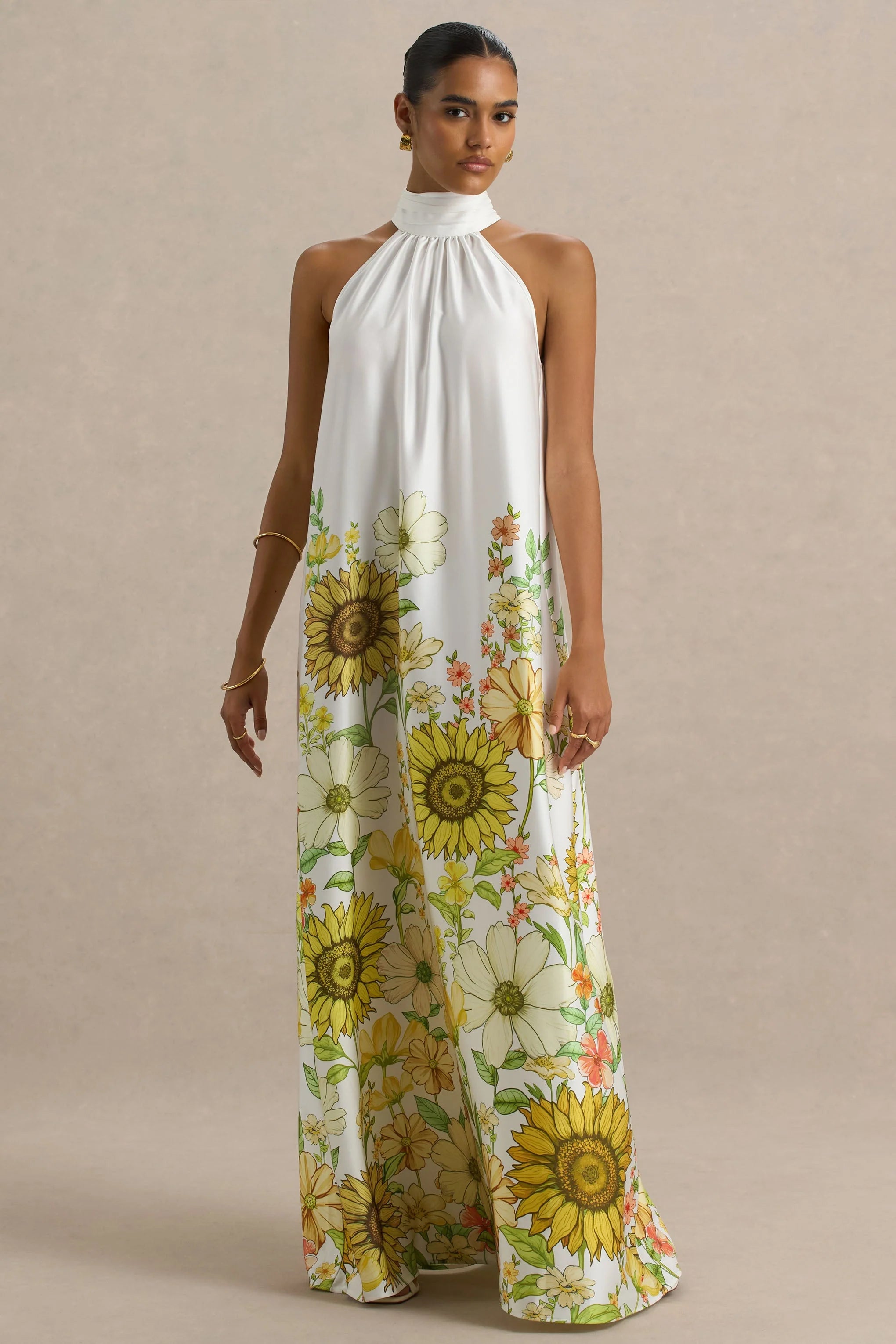 Glide Sunflower Print Satin High Neck Slip Maxi Dress