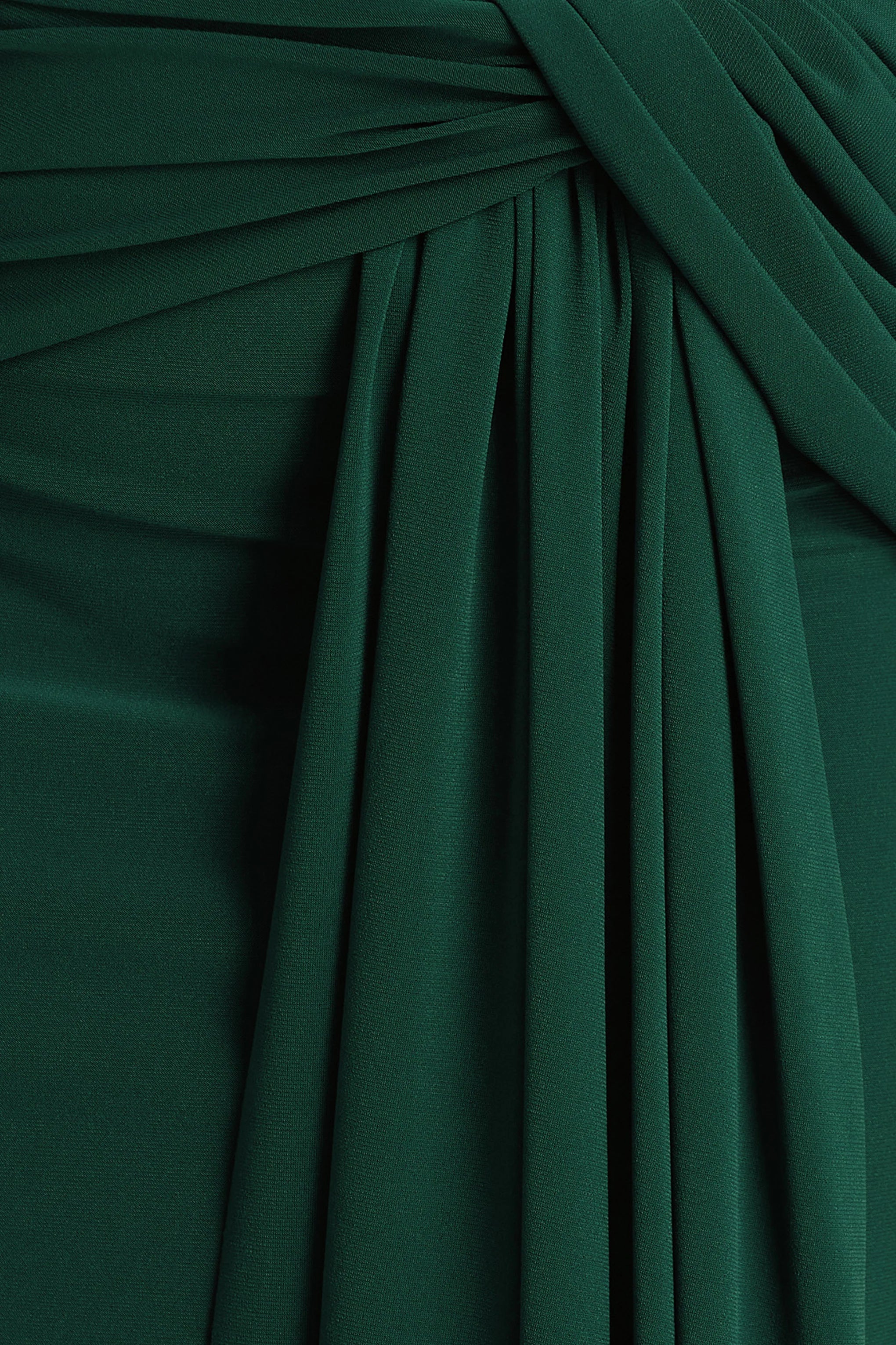 Mikayla Dark Green Asymmetric Neck Wrap Maxi Dress With Body Cut Out And Ruched Detailing