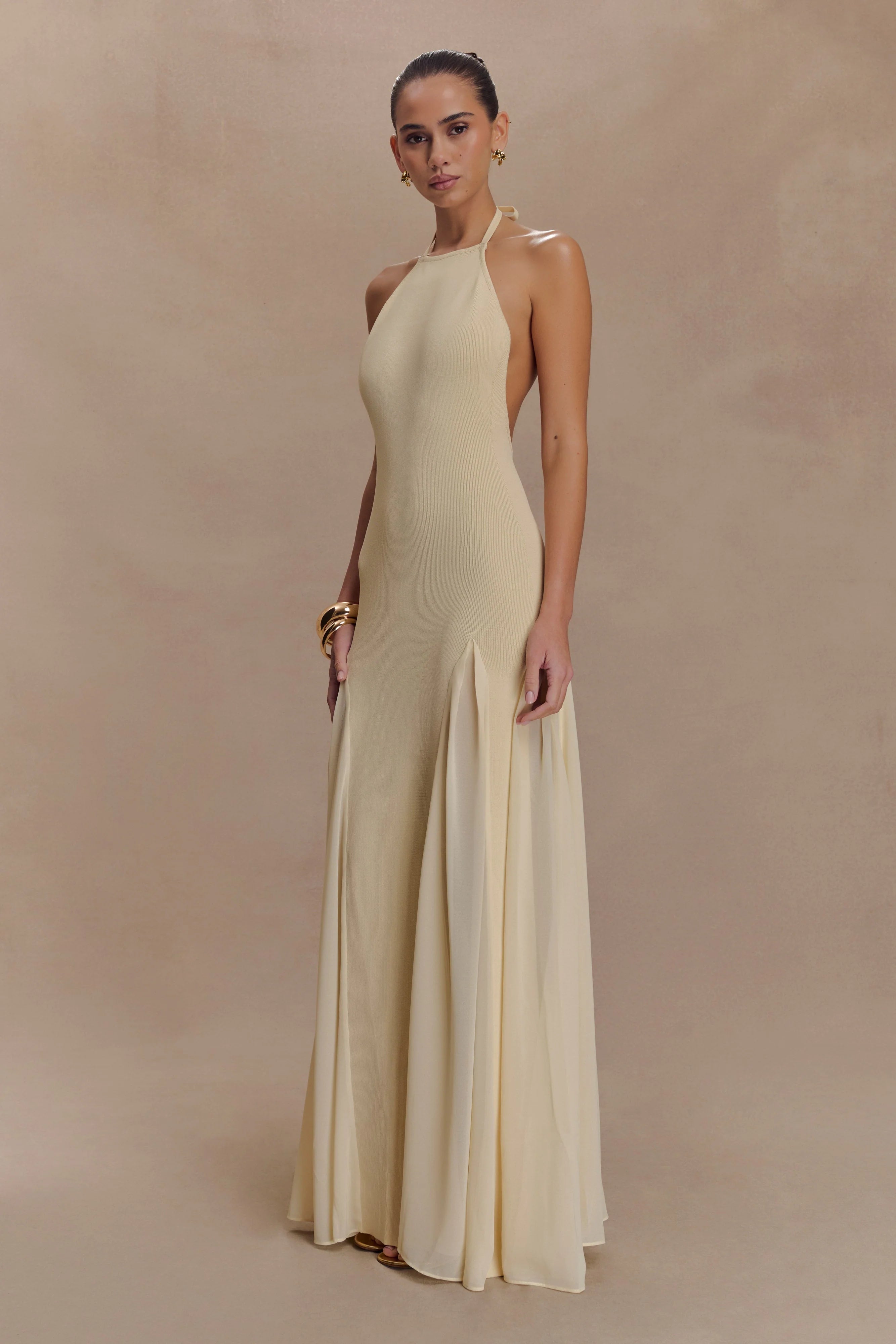 Soleil Knit And Mesh Halter Maxi Dress Cream