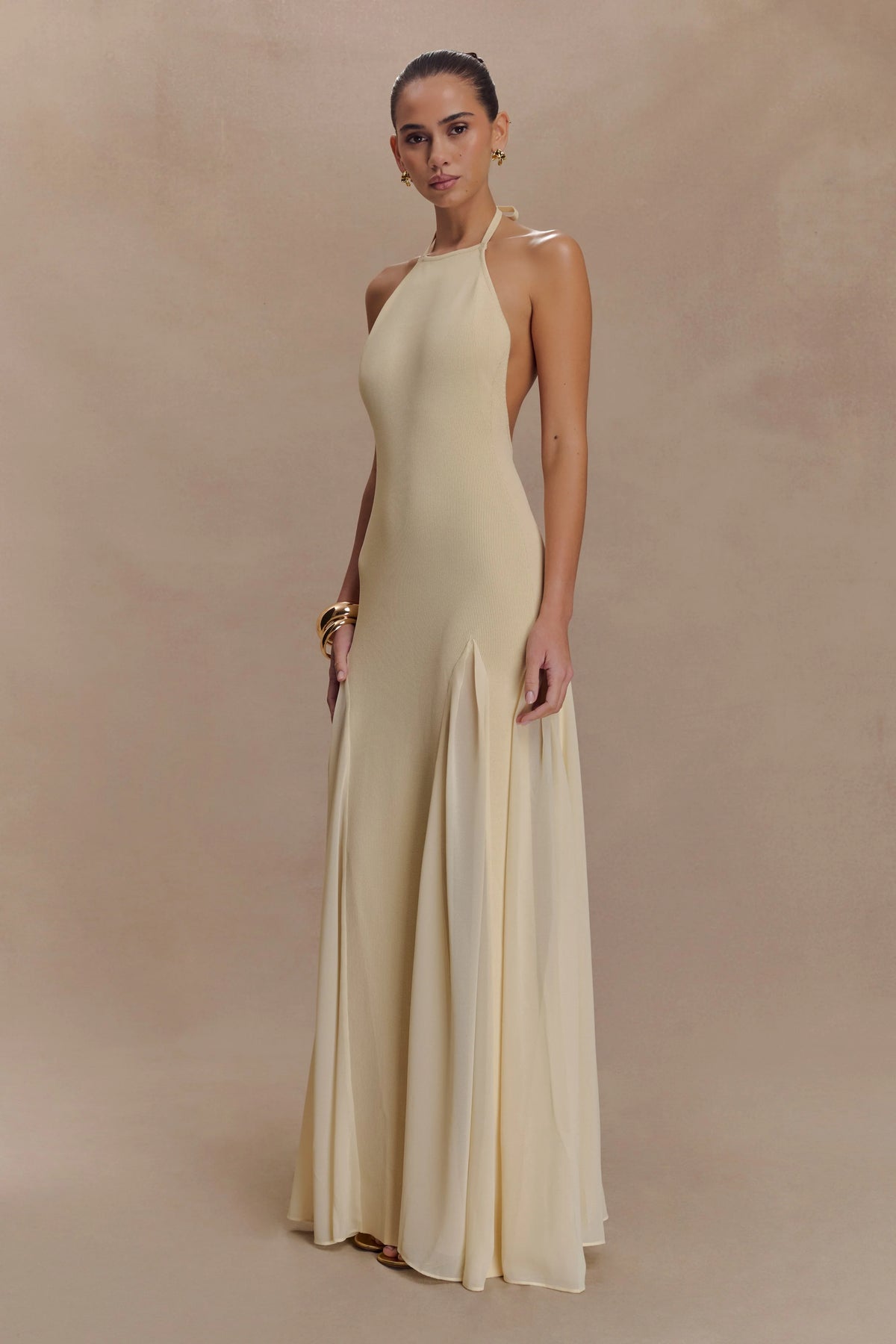 Soleil Knit And Mesh Halter Maxi Dress Cream